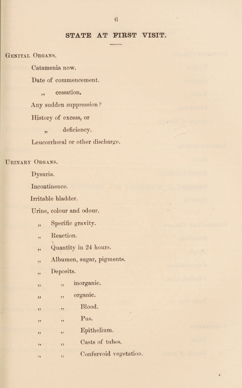 STATE AT FIRST VISIT. Genital Organs. Catamenia now. Date of commencement. ,, cessation. Any sudden suppression P History of excess, or „ deficiency. Leucorrlioeal or other discharge. Urinary Organs. Dysuria. Incontinence. Irritable bladder. Urine, colour and odour. Specific gravity. Reaction. Quantity in 24 hours. Albumen, sugar, pigments. Deposits. „ inorganic. ,, organic. 11 11 11 11 11 11 11 11 11 11 11 11 11 11 11 11 11 Blood. Pus. Epithelium. Casts of tubes. Confervoid vegetation.