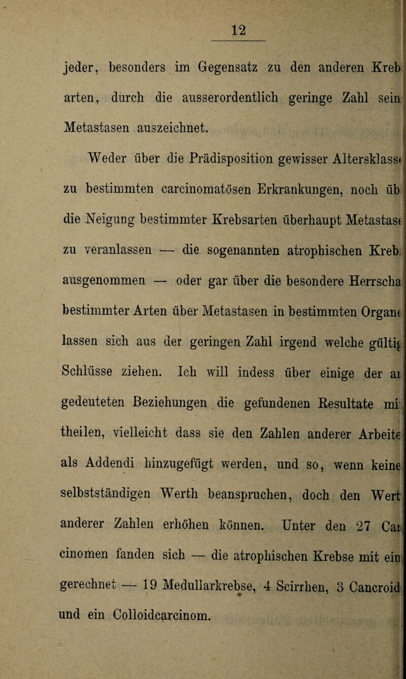 jeder, besonders im Gegensatz zu den anderen Kreb arten, durch die ausserordentlich geringe Zahl sein 1 Metastasen auszeichnet. Weder über die Prädisposition gewisser Altersklasse zu bestimmten carcinomatösen Erkrankungen, noch üb die Neigung bestimmter Krebsarten überhaupt Metastase zu veranlassen — die sogenannten atrophischen Kreb; ausgenommen — oder gar über die besondere Herrscha bestimmter Arten über Metastasen in bestimmten Organe lassen sich aus der geringen Zahl irgend welche gültig Schlüsse ziehen. Ich will indess über einige der ai gedeuteten Beziehungen die gefundenen Resultate mi theilen, vielleicht dass sie den Zahlen anderer Arbeite als Addendi hinzugefügt werden, und so, wenn keine selbstständigen Werth beanspruchen, doch den Wert anderer Zahlen erhöhen können. Unter den 27 Cai cinomen fanden sich — die atrophischen Krebse mit ein gerechnet — 19 Medullarkrebse, 4 Scirrhen, 3 Cancroid # jV j und ein Colloidcarcinom.