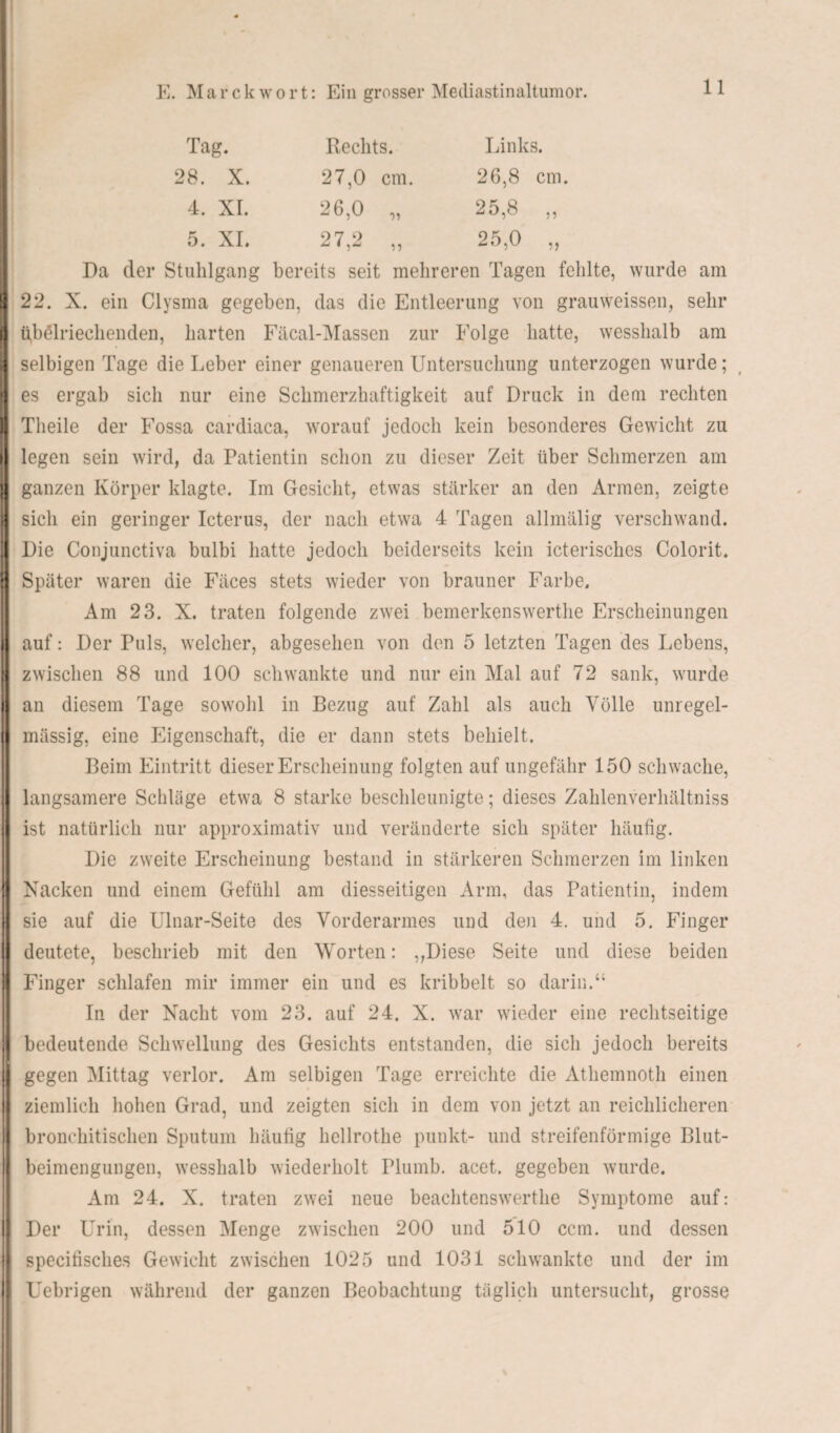 Tag. 28. X. 4. XI. 5. XL Rechts. 27,0 cm. 26,0 27,2 1? Links. 26.8 cm. 25.8 25,0 n Da der Stuhlgang bereits seit mehreren Tagen fehlte, wurde am 22. X. ein Clysma gegeben, das die Entleerung von grauweissen, sehr Übelriechenden, harten Fäcal-Massen zur Folge hatte, wesshalb am selbigen Tage die Leber einer genaueren Untersuchung unterzogen wurde; es ergab sicli nur eine Schmerzhaftigkeit auf Druck in dem rechten Theile der Fossa cardiaca, worauf jedoch kein besonderes Gewicht zu legen sein wird, da Patientin schon zu dieser Zeit über Schmerzen am ganzen Körper klagte. Im Gesicht, etwas stärker an den Armen, zeigte sich ein geringer Icterus, der nach etwa 4 Tagen allmälig verschwand. Die Conjunctiva bulbi hatte jedoch beiderseits kein icterisehes Colorit. Später waren die Fäces stets wieder von brauner Farbe. Am 23. X. traten folgende zwei bemerkenswerthe Erscheinungen auf: Der Puls, welcher, abgesehen von den 5 letzten Tagen des Lebens, zwischen 88 und 100 schwankte und nur ein Mal auf 72 sank, wurde an diesem Tage sowohl in Bezug auf Zahl als auch Völle unregel¬ mässig, eine Eigenschaft, die er dann stets behielt. Beim Eintritt dieser Erscheinung folgten auf ungefähr 150 schwache, langsamere Schläge etwa 8 starke beschleunigte; dieses Zahlenverhältniss ist natürlich nur approximativ und veränderte sich später häufig. Die zweite Erscheinung bestand in stärkeren Schmerzen im linken Nacken und einem Gefühl am diesseitigen Arm, das Patientin, indem sie auf die ülnar-Seite des Vorderarmes und den 4. und 5. Finger deutete, beschrieb mit den Worten: ,,Diese Seite und diese beiden Finger schlafen mir immer ein und es kribbelt so darin.“ In der Nacht vom 23. auf 24. X. war wieder eine rechtseitige bedeutende Schwellung des Gesichts entstanden, die sich jedoch bereits gegen Mittag verlor. Am selbigen Tage erreichte die Athemnoth einen ziemlich hohen Grad, und zeigten sich in dem von jetzt an reichlicheren bronchitischen Sputum häufig hellrothe punkt- und streifenförmige Blut- beimengungen, wesshalb wiederholt Plumb. acet. gegeben wurde. Am 24. X. traten zwei neue beachtensw’erthe Symptome auf: Der Urin, dessen Menge zwischen 200 und 510 ccm. und dessen speeifisches Gewicht zwischen 1025 und 1031 schwankte und der im Uebrigen während der ganzen Beobachtung täglich untersucht, grosse