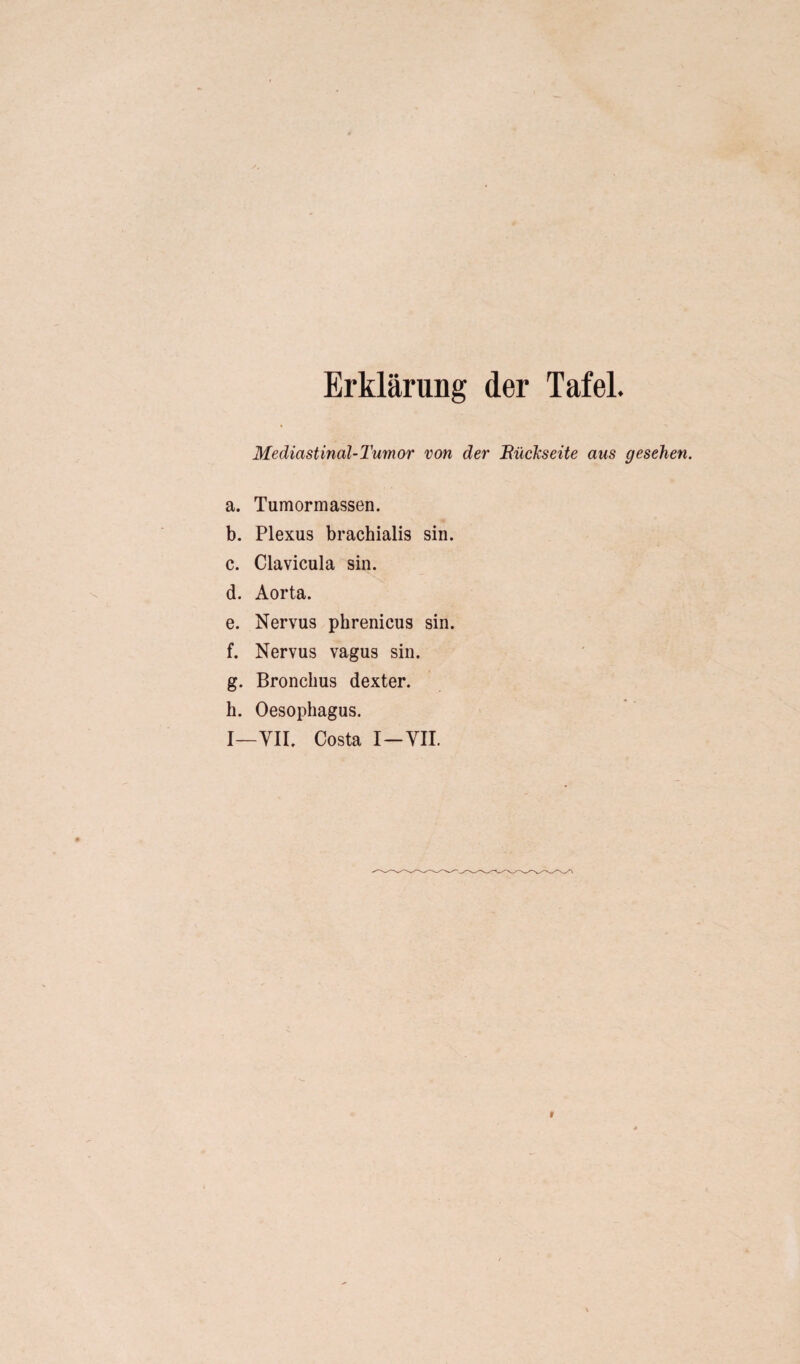 Erklärung der Tafel. Mediastincil-Tumor von der Rückseite aus gesehen. a. Tumormassen. b. Plexus brachialis sin. c. Clavicula sin. d. Aorta. e. Nervus phrenicus sin. f. Nervus vagus sin. g. Bronchus dexter. h. Oesophagus. I—VII. Costa I—VII.