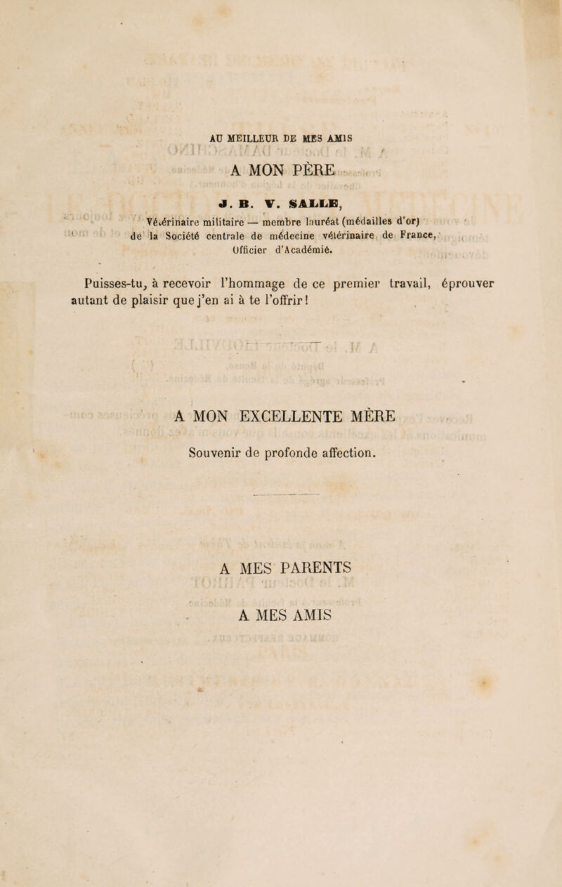 AU MEILLEUR DE MES AMIS v. >/lI / j/ A(î ‘i ; <: fy. f A MON PÈRE 4. B. V. SALLE, f f , ? f Vétérinaire militaire — membre lauréat (médailles d’or) de la Société centrale de médecine vétérinaire de Fiance, Officier d’Académié. Puisses-tu, à recevoir l’hommage de ce premier travail, éprouver autant de plaisir que j’en ai à te l’offrir! A MON EXCELLENTE MÈRE Souvenir de profonde affection. A MES PARENTS A MES AMIS