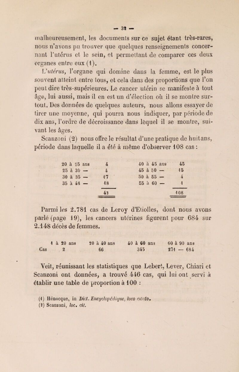 maiheureusemenfc, les documents sur ce sujet étant très-rares, nous n’avons pu trouver que quelques renseignements concer¬ nant F utérus et le sein, et permettant de comparer ces deux organes entre eux (1). L'utérus, l’organe qui domine dans la femme, est le plus souvent atteint entre Ions, et cela dans des proportions que l’on peut dire très-supérieures. Le cancer utérin se manifeste à tout âge, lui aussi, mais il en est un d’élection où il se montre sur¬ tout. Des données de quelques auteurs, nous allons essayer de tirer une moyenne, qui pourra nous indiquer, par période de dix ans, l’ordre de décroissance dans lequel il se montre, sui¬ vant les âges. Scanzoni (2) nous offre le résultat d’une pratique de huitans, période dans laquelle il a été à même d’observer 108 cas : 20 à 25 ans 4 25 à 30 — 4 30 à 35 — 47 35 à 48 — 48 43 40 à 45 ans 45 45 à 50 — 15 50 à 55 — 4 55 à 60 — 4 4 08 Parmi les 2.781 cas de Leroy d’Etiolles, dont nous avons parlé (page 19), les cancers utérines figurent pour 684 sur 2.148 décès de femmes. Cas à 20 ans 2 20 à 40 ans 66 40 à 60 ans 345 60 à 90 ans 274 — 684 Yeit, réunissant les statistiques que Lebert, Lever, Ghiari et Scanzoni ont données,, a trouvé 446 cas, qui lui ont servi à établir une table de proportion à 100 : (4) Hénocqne, in Dict. Encyclopédique, loco citato, (2) Scanzoni, loc, cit.