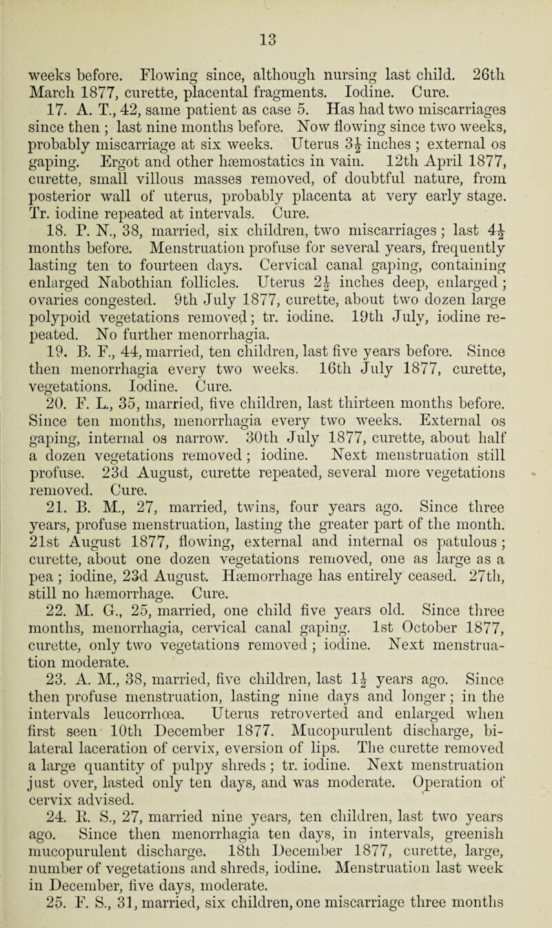 weeks before. Flowing since, although nursing last child. 26tli March 1877, curette, placental fragments. Iodine. Cure. 17. A. T., 42, same patient as case 5. Has had two miscarriages since then ; last nine months before. Now flowing since two weeks, probably miscarriage at six weeks. Uterus 3J inches ; external os gaping. Ergot and other haemostatics in vain. 12th April 1877, curette, small villous masses removed, of doubtful nature, from posterior wall of uterus, probably placenta at very early stage. Tr. iodine repeated at intervals. Cure. 18. P. N., 38, married, six children, two miscarriages; last 4£ months before. Menstruation profuse for several years, frequently lasting ten to fourteen days. Cervical canal gaping, containing enlarged Nabothian follicles. Uterus 2J inches deep, enlarged ; ovaries congested. 9th July 1877, curette, about two dozen large polypoid vegetations removed; tr. iodine. 19th July, iodine re¬ peated. No further menorrhagia. 19. B. F., 44, married, ten children, last five years before. Since then menorrhagia every two weeks. 16th July 1877, curette, vegetations. Iodine. Cure. 20. F. L., 35, married, five children, last thirteen months before. Since ten months, menorrhagia every two weeks. External os gaping, internal os narrow. 30th July 1877, curette, about half a dozen vegetations removed ; iodine. Next menstruation still profuse. 23d August, curette repeated, several more vegetations removed. Cure. 21. B. M., 27, married, twins, four years ago. Since three years, profuse menstruation, lasting the greater part of the month. 21st August 1877, flowing, external and internal os patulous ; curette, about one dozen vegetations removed, one as large as a pea ; iodine, 23d August. Haemorrhage has entirely ceased. 27th, still no haemorrhage. Cure. 22. M. G-., 25, married, one child five years old. Since three months, menorrhagia, cervical canal gaping. 1st October 1877, curette, only two vegetations removed ; iodine. Next menstrua¬ tion moderate. 23. A. M., 38, married, five children, last 1J years ago. Since then profuse menstruation, lasting nine days and longer; in the intervals leucorrhcea. Uterus retro verted and enlarged when first seen 10th December 1877. Mucopurulent discharge, bi¬ lateral laceration of cervix, eversion of lips. The curette removed a large quantity of pulpy shreds ; tr. iodine. Next menstruation just over, lasted only ten days, and was moderate. Operation of cervix advised. 24. B. S., 27, married nine years, ten children, last two years ago. Since then menorrhagia ten days, in intervals, greenish mucopurulent discharge. 18tli December 1877, curette, large, number of vegetations and shreds, iodine. Menstruation last week in December, five days, moderate. 25. F. S., 31, married, six children, one miscarriage three months