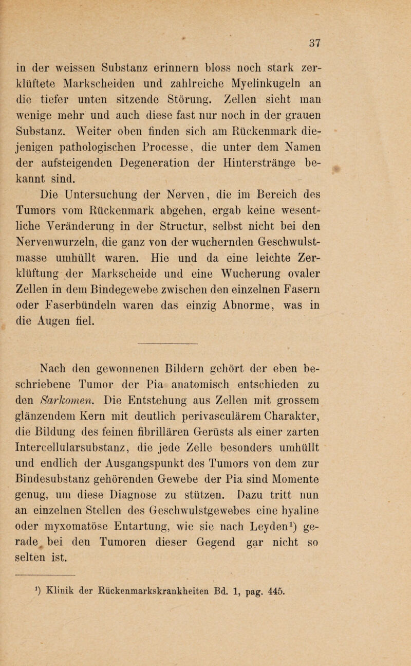 in der weissen Substanz erinnern bloss noch stark zer¬ klüftete Markscheiden und zahlreiche Myelinkugeln an die tiefer unten sitzende Störung. Zellen sieht man wenige mehr und auch diese fast nur noch in der grauen Substanz. Weiter oben finden sich am Rückenmark die¬ jenigen pathologischen Rrocesse, die unter dem Namen der aufsteigenden Degeneration der Hinterstränge be¬ kannt sind. Die Untersuchung der Nerven, die im Bereich des Tumors vom Rückenmark abgehen, ergab keine wesent¬ liche Veränderung in der Structur, selbst nicht bei den Nerven wurzeln, die ganz von der wuchernden Geschwulst¬ masse umhüllt waren. Hie und da eine leichte Zer¬ klüftung der Markscheide und eine Wucherung ovaler Zellen in dem Bindegewebe zwischen den einzelnen Fasern oder Faserbündeln waren das einzig Abnorme, was in die Augen fiel. Nach den gewonnenen Bildern gehört der eben be¬ schriebene Tumor der Pia anatomisch entschieden zu den Sarkomen. Die Entstehung aus Zellen mit grossem glänzendem Kern mit deutlich perivasculärem Charakter, die Bildung des feinen fibrillären Gerüsts als einer zarten Intercellularsubstanz, die jede Zelle besonders umhüllt und endlich der Ausgangspunkt des Tumors von dem zur Bindesubstanz gehörenden Gewebe der Pia sind Momente genug, um diese Diagnose zu stützen. Dazu tritt nun an einzelnen Stellen des Geschwulstgewebes eine hyaline oder myxomatöse Entartung, wie sie nach Leyden1) ge¬ rade, bei den Tumoren dieser Gegend gar nicht so selten ist. b Klinik der Rückenmarkskrankheiten Bd. 1, pag. 445.