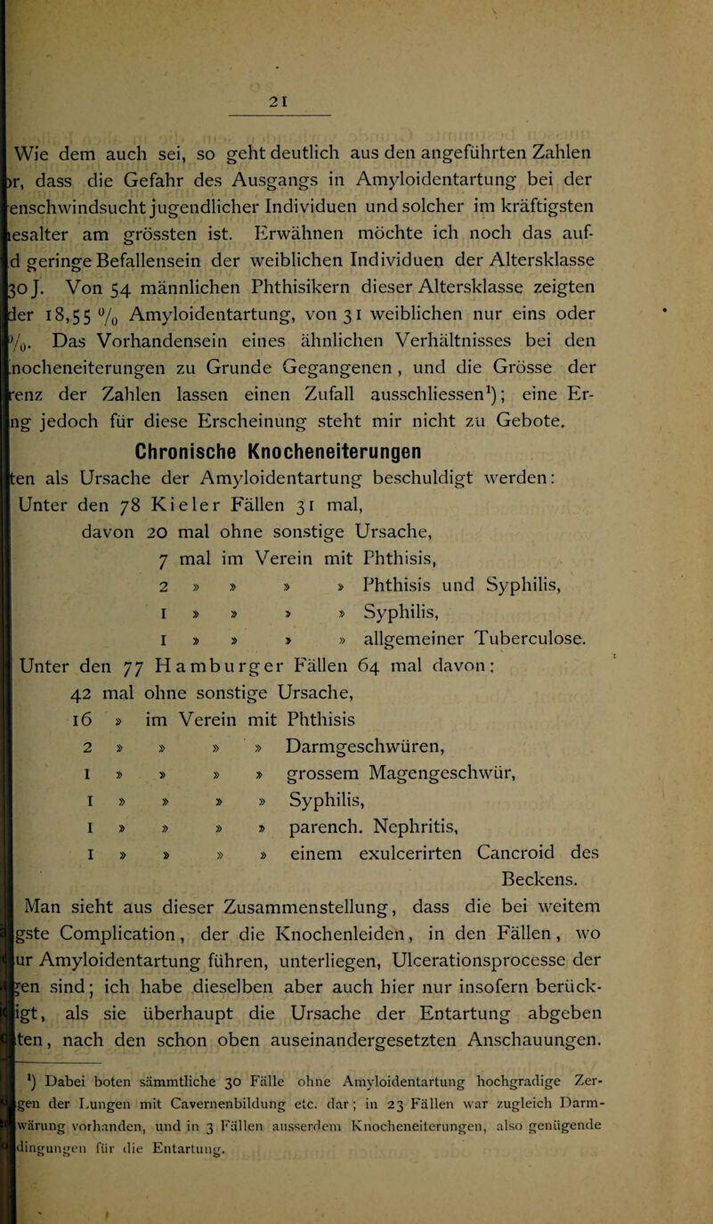Wie dem auch sei, so geht deutlich aus den angeführten Zahlen >r, dass die Gefahr des Ausgangs in Amyloidentartung bei der enschwindsucht jugendlicher Individuen und solcher im kräftigsten lesalter am grössten ist. Erwähnen möchte ich noch das auf- d geringe Befallensein der weiblichen Individuen der Altersklasse 30 J. Von 54 männlichen Phthisikern dieser Altersklasse zeigten der 18,55% Amyloidentartung, von 3 1 weiblichen nur eins oder %. Das Vorhandensein eines ähnlichen Verhältnisses bei den 'nocheneiterungen zu Grunde Gegangenen , und die Grösse der renz der Zahlen lassen einen Zufall ausschliessen1); eine Er- ng jedoch für diese Erscheinung steht mir nicht zu Gebote. Chronische Knocheneiterungen ten als Ursache der Amyloidentartung beschuldigt werden: Unter den 78 Kieler Fällen 31 mal, davon 20 mal ohne sonstige Ursache, 7 mal im Verein mit Phthisis, \ 2 » » » » Phthisis und Syphilis, I » » » » Syphilis, I » » » » allgemeiner Tuberculose. Unter den 77 Hamburger Fällen 64 mal davon: 42 mal ohne sonstige Ursache, 16 » im Verein mit Phthisis 2 » » » » Darmgeschwüren, I » » » » grossem Magengeschwür, 1 » » » » Syphilis, 1 » » » » parench. Nephritis, 1 » » » » einem exulcerirten Cancroid des Beckens. Man sieht aus dieser Zusammenstellung, dass die bei weitem gste Complication, der die Knochenleiden, in den Fällen, wo ur Amyloidentartung führen, unterliegen, Ulcerationsprocesse der *en sind; ich habe dieselben aber auch hier nur insofern berück - igt, als sie überhaupt die Ursache der Entartung abgeben ten, nach den schon oben auseinandergesetzten Anschauungen. l) Dabei boten sämmtliche 30 Fälle ohne Amyloidentartung hochgradige Zer- gen der Lungen mit Cavernenbildung etc. dar; in 23 Fällen war zugleich Darm- wärung vorhanden, und in 3 Fällen ausserdem Knocheneiterungen, also genügende dingungen für die Entartung.