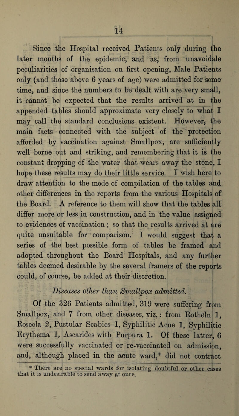 Since the Hospital received Patients only during the later months of the epidemic, and as, from unavoidale peculiarities of organisation on first opening, Male Patients only (and those above 6 years of age) were admitted for some time, and since the numbers to be dealt with are very small, it cannot be expected that the results arrived at in the appended tables should approximate very closely to what I may call the standard conclusions existent. However, the main facts connected with the subject of the protection afforded by vaccination against Smallpox, are sufficiently well borne out and striking, and remembering that it is the constant dropping of the water that wears away the stone, I hope these results may do their little service. I wish here to draw attention to the mode of compilation of the tables and other differences in the reports from the various Hospitals of the Board. A reference to them will show that the tables all differ more or less in construction, and in the value assigned to evidences of vaccination ; so that the results arrived at are quite unsuitable for comparison. I would suggest that a series of the best possible form of tables be framed and adopted throughout the Board Hospitals, and any further tables deemed desirable by the several framers of the reports could, of course, be added at their discretion. Diseases other than Smallpox admitted. Of the 326 Patients admitted, 319 were suffering from Smallpox, and 7 from other diseases, viz,: from Rotheln 1, Roseola 2, Pustular Scabies 1, Syphilitic Acne 1, Syphilitic Erythema 1, Ascarides with Purpura 1. Of these latter, 6 were successfully vaccinated or re-vaccinated on admission, and, although placed in the acute ward,* did not contract * There are no special wards for isolating doubtful or other cases that it is undesirable to send away at once.