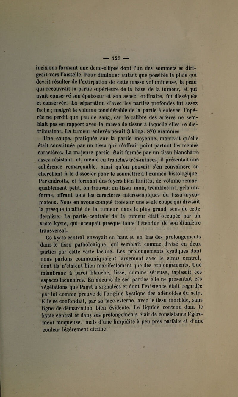 incisions formant une demi-ellipse dont l’un des sommets se diri¬ geait vers l’aisselle. Pour diminuer autant que possible la plaie qui devait résulter de l’extirpation de cette masse volumineuse, la peau qui recouvrait la partie supérieure de la base de la tumeur, et qui avait conservé son épaisseur et son aspect ordinaire, fut disséquée et conservée. La séparation d’avec les parties profondes fut assez facile ; malgré le volume considérable de la partie à enlever, l’opé¬ rée ne perdit que peu de sang, car le calibre des artères ne sem¬ blait pas en rapport avec la masse de tissus à laquelle elles se dis¬ tribuaient. La tumeur enlevée pesait 3 kilog. 870 grammes Une coupe, pratiquée sur la partie moyenne, montrait qu’elle était constituée par un tissu qui n’offrait point partout les mêmes caractères. La majeure partie était formée par un tissu blanchâtre assez résistant, et, même en tranches très-minces, il présentait une cohérence remarquable, ainsi qu’on pouvait s’en convaincre en cherchant à le dissocier pour le soumettre à l’examen histologique. Par endroits, et formant des foyers bien limités, de volume remar¬ quablement petit, on trouvait un tissu mou, tremblotant, gélatini- forme, offrant tous les caractères microscopiques du tissu myxo- mateux. Nous en avons compté trois sur une seule coupe qui divisait la presque totalité de la tumeur dans le plus grand sens de cette dernière. La partie centrale de la tumeur était occupée par un vaste kyste, qui occupait presque toute l’étendue de s.on diamètre transversal. Ce kyste central envoyait en haut et en bas des prolongements dans le tissu pathologique, qui semblait comme divisé en deux parties par cette vaste lacune. Les prolongements kystiques dont nous parlons communiquaient largement avec le sinus central, dont ils n’étaient bien manifestement que des prolongements. Une membrane à paroi blanche, lisse, comme séreuse, tapissait ces espaces lacunaires. En aucune de ces parties elle ne présentait ces végétations que Paget a signalées et dont l’existence était regardée par lui comme preuve de l’origine kystiqne des adénoïdes du sein. Elle se confondait, par sa face externe, avec le tissu morbide, sans ligne de démarcation bien évidente. Le liquide contenu dans le kyste central et dans ses prolongements était de consistance légère¬ ment muqueuse, mais d’une limpidité à peu près parfaite et d’une couleur légèrement citrine.