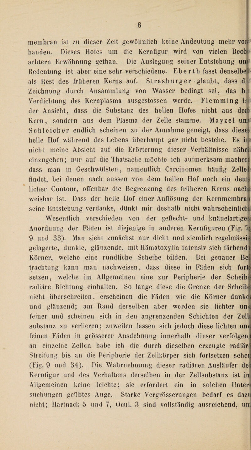 niembran ist zu dieser Zeit gewöhnlich keine Andeutung mehr vor handen. Dieses Hofes um die Kernfigur wird von vielen Beol achtern Erwähnung gethan. Die Auslegung seiner Entstehung uni# Bedeutung ist aber eine sehr verschiedene. Eberth fasst denselben als Rest des früheren Kerns auf. Strasburger • glaubt, dass dp1 Zeichnung durch Ansammlung von Wasser bedingt sei, das bi Verdichtung des Kernplasma ausgestossen werde. Flemming iif der Ansicht, dass die Substanz des hellen Hofes nicht aus deii Kern, sondern aus dem Plasma der Zelle stamme. Mayzel uniit Schleicher endlich scheinen zu der Annahme geneigt, dass diesei helle Hof während des Lebens überhaupt gar nicht bestehe. Es in nicht meine Absicht auf die Erörterung dieser Verhältnisse nähe einzugehen; nur auf die Thatsache möchte ich aufmerksam machet dass man in Geschwülsten, namentlich Carcinomen häufig Zelle findet, bei denen nach aussen von dem hellen Hof noch ein deul i licher Contour, offenbar die Begrenzung des früheren Kerns nacht weisbar ist. Dass der helle Hof einer Auflösung der Kernmembrac seine Entstehung verdanke, dünkt mir deshalb nicht wahrscheinlich] Wesentlich verschieden von der geflecht- und knäuelartige }i Anordnung der Fäden ist diejenige in anderen Kernfiguren (Fig. 7§ 9 und 33). Man sieht zunächst nur dicht und ziemlich regelmässig gelagerte, dunkle, glänzende, mit Hämatoxylin intensiv sich färbendi Körner, welche eine rundliche Scheibe bilden. Bei genauer Bel trachtung kann man nachweisen, dass diese in Fäden sich fort) setzen, welche im Allgemeinen eine zur Peripherie der Scheibe I radiäre Richtung einhalten. So lange diese die Grenze der Scheib!: nicht überschreiten, erscheinen die Fäden wie die Körner dunkdi und glänzend; am Rand derselben aber werden sie lichter un| feiner und scheinen sich in den angrenzenden Schichten der Zell Substanz zu verlieren; zuweilen lassen sich jedoch diese lichten un< feinen Fäden in grösserer Ausdehnung innerhalb dieser verfolgen an einzelne Zellen habe ich die durch dieselben erzeugte radiär^ Streifung bis an die Peripherie der Zellkörper sich fortsetzen sehei (Fig. 9 und 34). Die Wahrnehmung dieser radiären Ausläufer de Kernfigur und des Verhaltens derselben in der Zellsubstanz ist in Allgemeinen keine leichte; sie erfordert ein in solchen Unter* suchungen geübtes Auge. Starke Vergrösserungen bedarf es dazu nicht; Hartnack 5 und 7, Ocul. 3 sind vollständig ausreichend, um