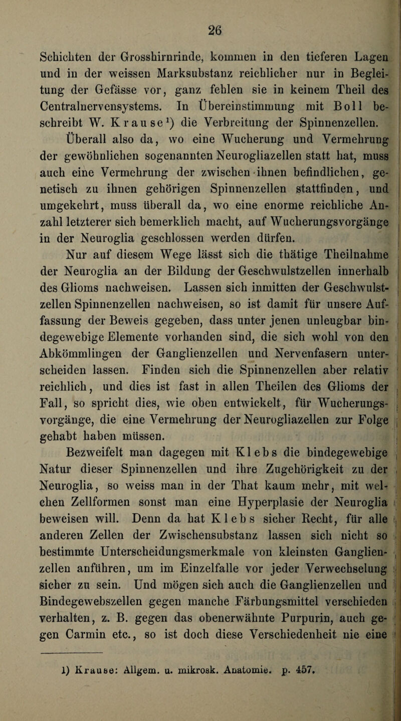Schickten der Grosshirnrinde, kommen in den tieferen Lagen und in der weissen Marksubstanz reichlicher nur in Beglei¬ tung der Gefässe vor, ganz fehlen sie in keinem Theil des • • Centralnervensystems. In Übereinstimmung mit Boll be¬ schreibt W. Krause1) die Verbreitung der Spinnenzellen. Überall also da, wo eine Wucherung und Vermehrung der gewöhnlichen sogenannten Neurogliazellen statt hat, muss auch eine Vermehrung der zwischen ihnen befindlichen, ge¬ netisch zu ihnen gehörigen Spinnenzellen stattfinden, und umgekehrt, muss überall da, wo eine enorme reichliche An¬ zahl letzterer sich bemerklich macht, auf Wucherungsvorgänge in der Neuroglia geschlossen werden dürfen. Nur auf diesem Wege lässt sich die thätige Theilnahme der Neuroglia an der Bildung der Geschwulstzellen innerhalb des Glioms nachweisen. Lassen sich inmitten der Geschwulst¬ zellen Spinnenzellen nachweisen, so ist damit für unsere Auf¬ fassung der Beweis gegeben, dass unter jenen unleugbar bin¬ degewebige Elemente vorhanden sind, die sich wohl von den Abkömmlingen der Ganglienzellen und Nervenfasern unter¬ scheiden lassen. Finden sich die Spinnenzellen aber relativ reichlich, und dies ist fast in allen Theilen des Glioms der Fall, so spricht dies, wie oben entwickelt, für Wucherungs¬ vorgänge, die eine Vermehrung der Neurogliazellen zur Folge gehabt haben müssen. Bezweifelt man dagegen mit Klebs die bindegewebige Natur dieser Spinnenzellen und ihre Zugehörigkeit zu der Neuroglia, so weiss man in der That kaum mehr, mit wel¬ chen Zellformen sonst man eine Hyperplasie der Neuroglia beweisen will. Denn da hat Klebs sicher Recht, für alle anderen Zellen der Zwischensubstanz lassen sich nicht so bestimmte Unterscheidungsmerkmale von kleinsten Ganglien¬ zellen anführen, um im Einzelfalle vor jeder Verwechselung sicher zu sein. Und mögen sich auch die Ganglienzellen und Bindegewebszellen gegen manche Färbungsmittel verschieden verhalten, z. B. gegen das obenerwähnte Purpurin, auch ge¬ gen Carmin etc., so ist doch diese Verschiedenheit nie eine 1) Kr au öö: Allgem. u. mikrosk. Anatomie, p. 457.