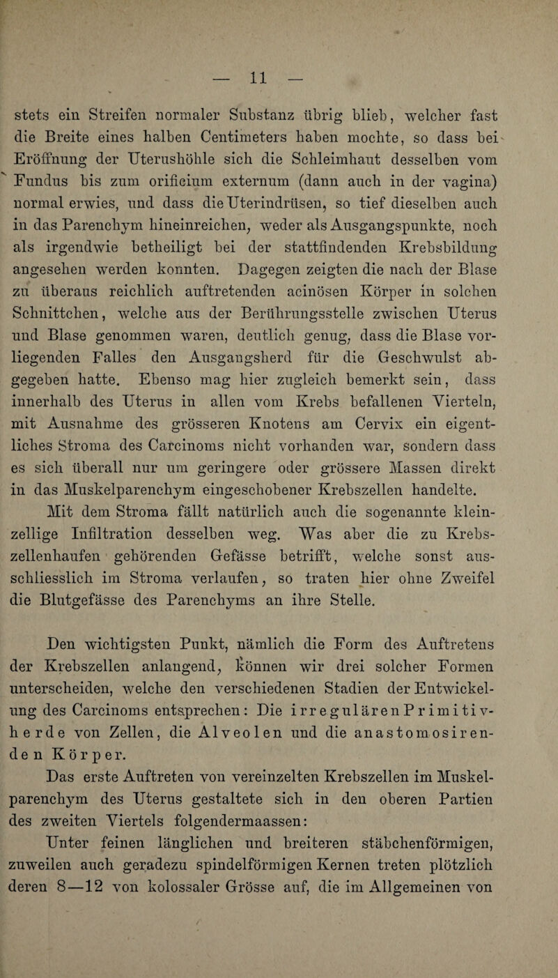 stets ein Streifen normaler Substanz übrig blieb, welcher fast die Breite eines halben Centimeters haben mochte, so dass bei Eröffnung der Uterushöhle sich die Schleimhaut desselben vom Fundus bis zum orifieium externum (dann auch in der vagina) normalerwies, und dass die Uterindrüsen, so tief dieselben auch in das Parenchym hineinreichen, weder als Ausgangspunkte, noch als irgendwie betheiligt bei der stattfindenden .Krebsbildung angesehen werden konnten. Dagegen zeigten die nach der Blase zu überaus reichlich auftretenden acinösen Körper in solchen Schnittchen, welche aus der Berührungsstelle zwischen Uterus und Blase genommen waren, deutlich genug, dass die Blase vor¬ liegenden Falles den Ausgangsherd für die Geschwulst ab¬ gegeben hatte. Ebenso mag hier zugleich bemerkt sein, dass innerhalb des Uterus in allen vom Krebs befallenen Vierteln, mit Ausnahme des grösseren Knotens am Cervix ein eigent¬ liches Stroma des Carcinoms nicht vorhanden war, sondern dass es sich überall nur um geringere oder grössere Massen direkt in das Muskelparenchym eingeschobener Krebszellen handelte. Mit dem Stroma fällt natürlich auch die sogenannte klein¬ zellige Infiltration desselben weg. Was aber die zu Krebs¬ zellenhaufen gehörenden Gefässe betrifft, welche sonst aus¬ schliesslich im Stroma verlaufen, so traten hier ohne Zweifel die Blutgefässe des Parenchyms an ihre Stelle. Den wichtigsten Punkt, nämlich die Form des Auftretens der Krebszellen anlangend, können wir drei solcher Formen unterscheiden, welche den verschiedenen Stadien der Entwickel¬ ung des Carcinoms entsprechen: Die irregulären Primitiv¬ herde von Zellen, die Alveolen und die anastomosiren¬ den Körper. Das erste Auftreten von vereinzelten Krebszellen im Muskel¬ parenchym des Uterus gestaltete sich in den oberen Partien des zweiten Viertels folgendermaassen: Unter feinen länglichen und breiteren stäbchenförmigen, zuweilen auch geradezu spindelförmigen Kernen treten plötzlich deren 8—12 von kolossaler Grösse auf, die im Allgemeinen von