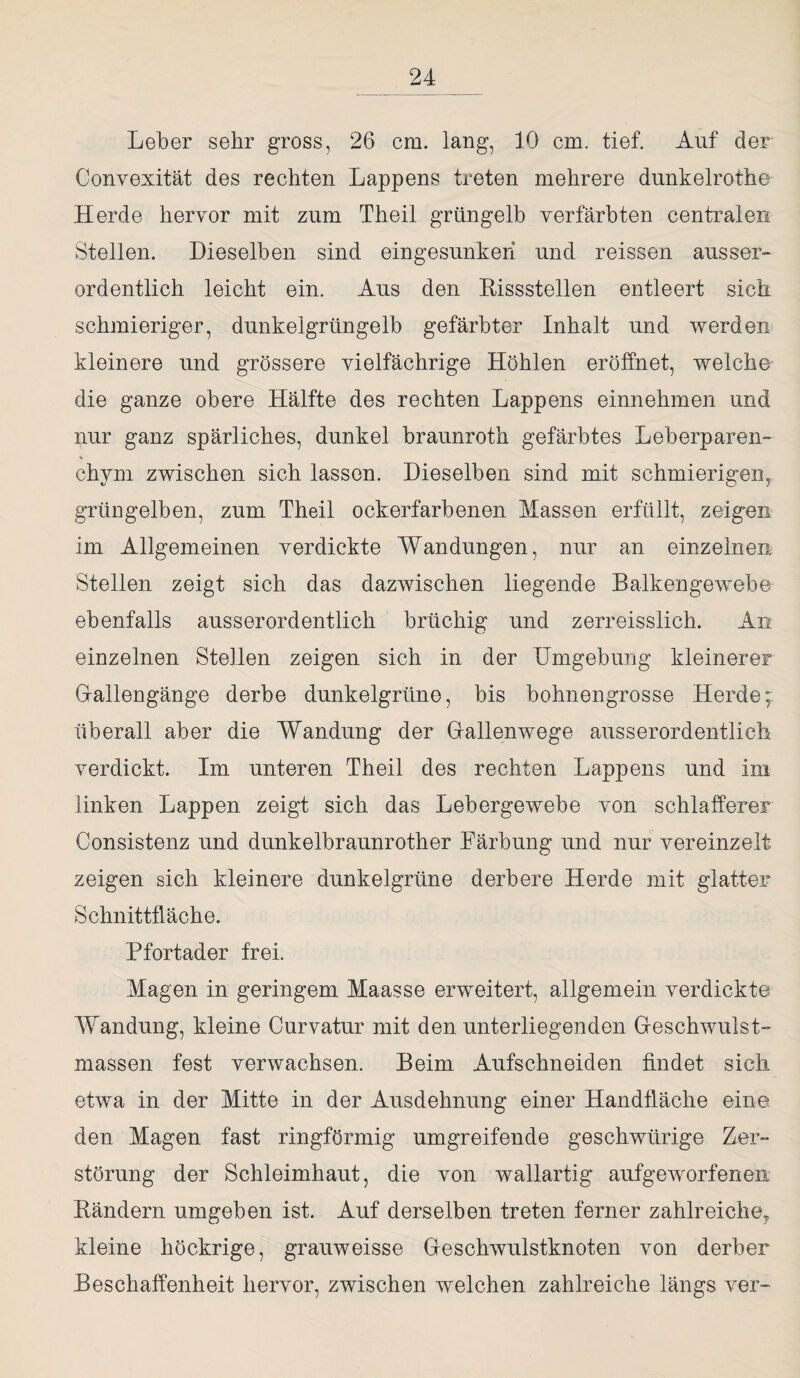 Leber sehr gross, 26 cm. lang, 10 cm. tief. Auf der Convexität des rechten Lappens treten mehrere dunkelrothe Herde hervor mit zum Theil grüngelb verfärbten centralen Stellen. Dieselben sind eingesunken und reissen ausser- ordentlich leicht ein. Aus den Hissstellen entleert sich schmieriger, dunkelgrüngelb gefärbter Inhalt und werden kleinere und grössere vielfächrige Höhlen eröffnet, welche die ganze obere Hälfte des rechten Lappens einnehmen und nur ganz spärliches, dunkel braunroth gefärbtes Leberparen¬ chym zwischen sich lassen. Dieselben sind mit schmierigen, grüngelben, zum Theil ockerfarbenen Massen erfüllt, zeigen im Allgemeinen verdickte Wandungen, nur an einzelnen Stellen zeigt sich das dazwischen liegende Balkengewebe ebenfalls ausserordentlich brüchig und zerreisslich. An einzelnen Stellen zeigen sich in der Umgebung kleinerer Gallengänge derbe dunkelgrüne, bis bohnengrosse Herde; überall aber die Wandung der Gallenwege ausserordentlich verdickt. Im unteren Theil des rechten Lappens und im linken Lappen zeigt sich das Lebergewebe von schlafferer Consistenz und dunkelbraunrother Färbung und nur vereinzelt zeigen sich kleinere dunkelgrüne derbere Herde mit glatter Schnittfläche. Pfortader frei. Magen in geringem Maasse erweitert, allgemein verdickte Wandung, kleine Curvatur mit den unterliegenden Geschwulst¬ massen fest verwachsen. Beim Aufschneiden findet sich etwa in der Mitte in der Ausdehnung einer Handfläche eine den Magen fast ringförmig umgreifende geschwiirige Zer¬ störung der Schleimhaut, die von wallartig aufgeworfenen Bändern umgeben ist. Auf derselben treten ferner zahlreiche, kleine höckrige, grauweisse Geschwulstknoten von derber Beschaffenheit hervor, zwischen welchen zahlreiche längs ver-