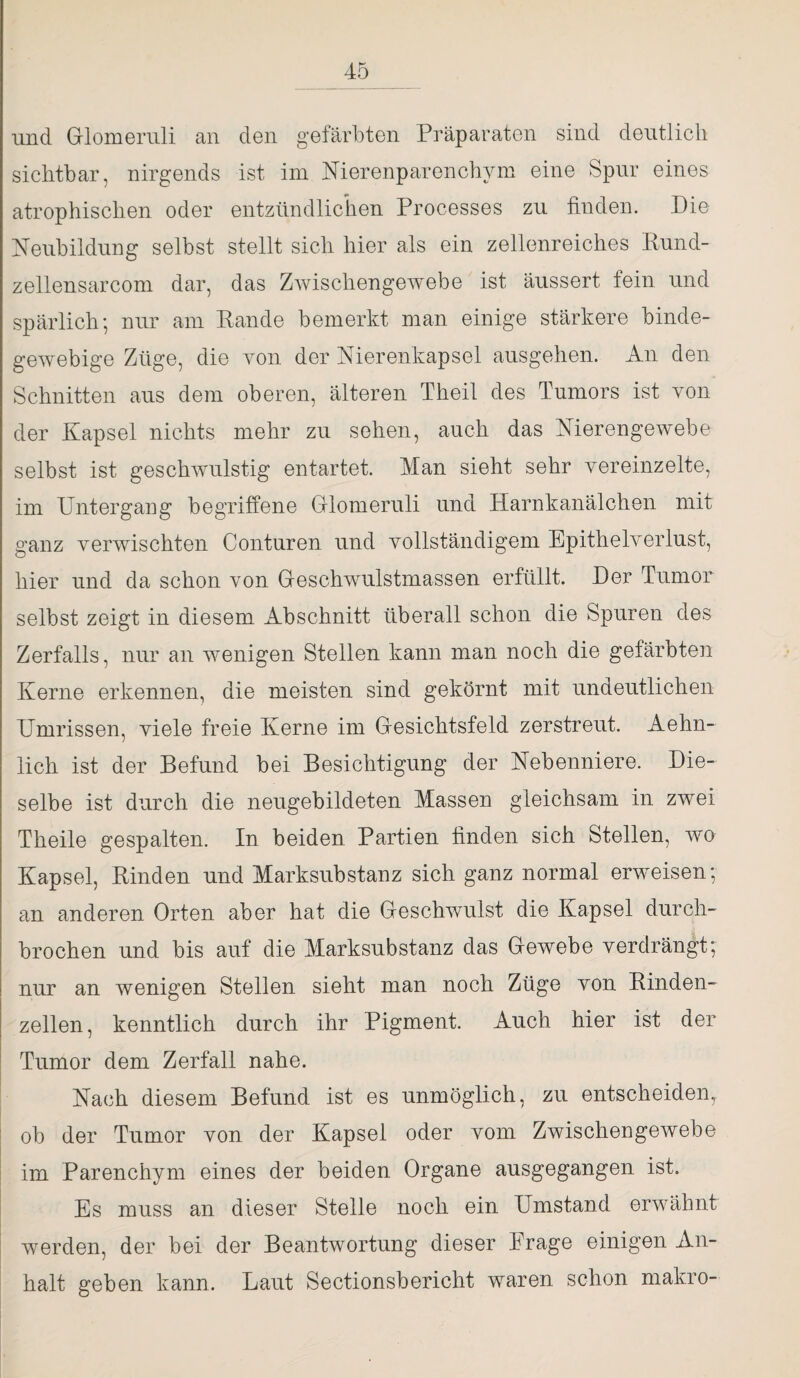 und Glomeruli an den gefärbten Präparaten sind deutlich sichtbar, nirgends ist im Nierenparenchym eine Spur eines atrophischen oder entzündlichen Processes zu finden. Die Neubildung selbst stellt sich hier als ein zellenreiches Rund- zellensarcom dar, das Zwischengewebe ist äussert fein und spärlich; nur am Rande bemerkt man einige stärkere binde¬ gewebige Züge, die von der Nierenkapsel ausgehen. An den Schnitten aus dem oberen, älteren Theil des Tumors ist von der Kapsel nichts mehr zu sehen, auch das Nierengewebe selbst ist geschwulstig entartet. Man sieht sehr vereinzelte, im Untergang begriffene Grlomeruli und Harnkanälchen mit ganz verwischten Conturen und vollständigem Epithelverlust, hier und da schon von Geschwulstmassen erfüllt. Der Tumor selbst zeigt in diesem Abschnitt überall schon die Spuren des Zerfalls, nur an wenigen Stellen kann man noch die gefärbten Kerne erkennen, die meisten sind gekörnt mit undeutlichen Umrissen, viele freie Kerne im Gesichtsfeld zerstreut. Aehn- lich ist der Befund bei Besichtigung der Nebenniere. Die¬ selbe ist durch die neugebildeten Massen gleichsam in zwei Theile gespalten. In beiden Partien finden sich Stellen, wo Kapsel, Rinden und Marksubstanz sich ganz normal erweisen; an anderen Orten aber hat die Geschwulst die Kapsel durch¬ brochen und bis auf die Marksubstanz das Gewebe verdrängt; nur an wenigen Stellen sieht man noch Züge von Rinden¬ zellen, kenntlich durch ihr Pigment. Auch hier ist der Tumor dem Zerfall nahe. Nach diesem Befund ist es unmöglich, zu entscheiden, ob der Tumor von der Kapsel oder vom Zwischengewebe im Parenchym eines der beiden Organe ausgegangen ist. Es muss an dieser Stelle noch ein Umstand erwähnt werden, der bei der Beantwortung dieser Frage einigen An¬ halt geben kann. Laut Sectionsbericht waren schon makro-