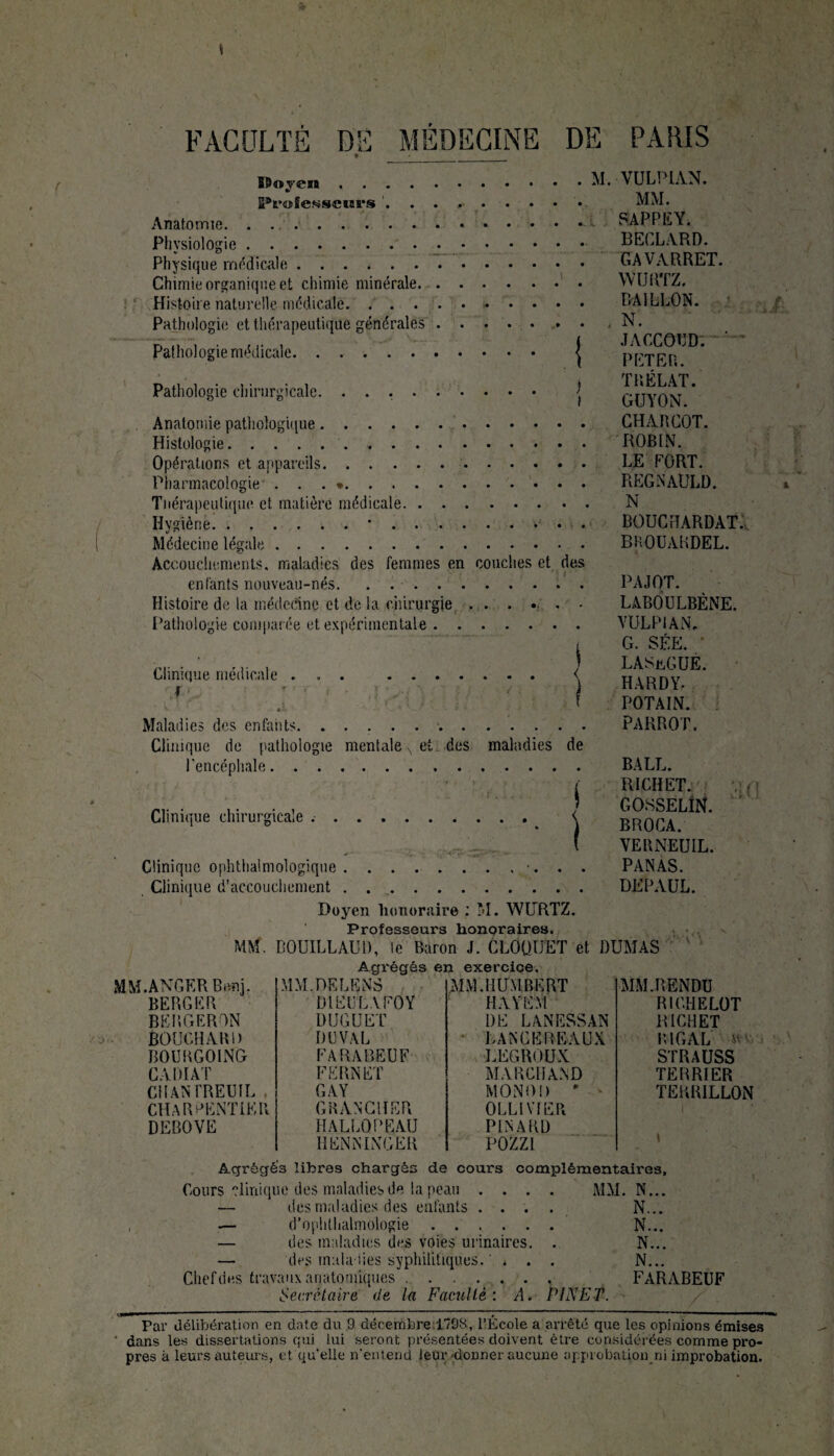 Poyen.M. VULPIAN. IProSesseiars . MM. Anatomie.. SAPPEY. Physiologie. BECLARD. Physique médicale. GAVARRET. Chimie organique et chimie minérale. ....... WURTZ. Histoire naturelle médicale.. BAILLON. Pathologie et thérapeutique générales..N. Pathologie médicale... { JACC0ÏJD; l Pathologie chirurgicale. ) PETER. TRÉLAT. GUYON. Anatomie patliologique.. CHARCOT. Histologie, ROBIN. Opérations et appareils. LE FORT. Pharmacologie . . . *. REGNAULD. Tnérapeutique et matière médicale. N Hygiène.*. BOUCHARDAT. Médecine légale. BKOUAKDEL. Accouchements, maladies des femmes en couches et des enfants nouveau-nés. . .. Histoire de la médecine et de la chirurgie . . . ... • Pathologie comparée et expérimentale. Clinique médicale 1 Maladies des enfaiits. .. Clinique de pathologie mentale N et des maladies de l’encéphale. PAJOT. LABOULBÈNE. VULPIAN. G. SÉE. LASuGUE. HARDY. POTAIN. PARROT. Clinique chirurgicale P. P - I BALL. RICHET. GOSSELIN. BROCA. VERNEUIL. PANAS. DEPAUL. cl G Clinique ophtalmologique .... Clinique d’accouchement. Doyen honoraire : M. WURTZ Professeurs honoraires. MM. BOUILLAUD, le Baron J. CLOQUET et DUMAS Agrégés en exercice. MM. ANC ER Ben]. .MM. DE LE NS MM.HUMBERT MM.RENDU BERGER DIEULAFOY IIAYËM RICHELOT BERGERON DUGUET DE LANESSAN RICHET BOUCHARD IJ UVAL LANCEBEAUX R1GAL v BOÜRGOING FARABEUF LEGROUX STRAUSS CA DI AT FERNET MARCHAND TERRIER Cil AN l’REUIL GAY MONO!) ' - TERRILLON CHARPENTIER CRANGHER OLLIYIE.Pt J DEBOVE HALLOPEAU PINARD HENNINGER POZZl \ Agrégés libres chargés de cours complémentaires. Cours clinique des maladies de la peau .... MM. N... — des maladies des enfants .... N... . -- d’ophthalmologie N... — des maladies des voie s urinaires. . N... — des maladies syphilitiques. * . . N... Chef des travaux anatomiques . . • • ♦ « FARABEUF Secrétaire de la Faculté: A. PINET. *T ' _ /' Par délibération en date du 9 décembre.1798, l’Ecole a arrêté que les opinions émises ' dans les dissertations qui lui seront présentées doivent être considérées comme pro¬ pres à leurs auteurs, et quelle n'entend leur'donner aucune approbation ni improbation.