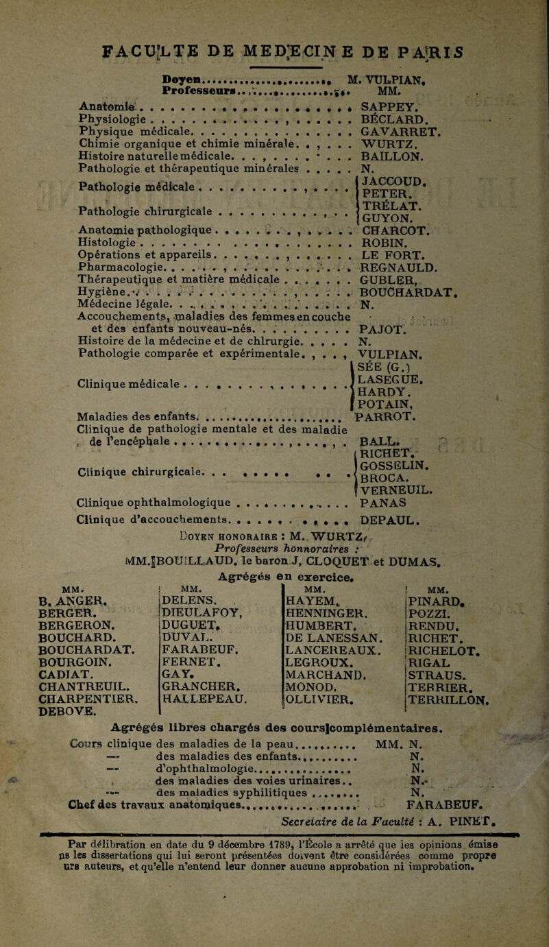 Doyen... M. VULPIAN. Professeurs.. .,.5*. MM. Anatomie.. . . ..* * SAPPEY. Physiologie........ . BÉCLARD. Physique médicale.GAVARRET. Chimie organique et chimie minérale. . , . . . WURTZ. Histoire naturelle médicale. BAILLON. Pathologie et thérapeutique minérales.N. JACCOUD. PETER. TRÉLAT. GUYON. Pathologie médicale., . . . Pathologie chirurgicale.. . Anatomie pathologique.. . . ..CHARCOT. Histologie.ROBIN. Opérations et appareils. LE FORT. Pharmacologie.... REGNAULD. Thérapeutique et matière médicale.. . GUBLER, Hygiène.-.* .. BOUCHARD AT. Médecine légale. ........ . N. Accouchements, maladies des femmes en couche • * et des enfants nouveau-nés. . .. ..PAJOT. Histoire de la médecine et de chirurgie.N. Pathologie comparée et expérimentale. , . . , VULPIAN. SÉE (G.) Clinique médicale. iiAKL) Jl • POTAIN, Maladies des enfants... PARROT. Clinique de pathologie mentale et des maladie , de l’encéphale.. BALL. ! RICHET. GOSSELIN. BROCA. VERNEUIL. Clinique ophthalmologique .. PANAS Clinique d’accouchements. ...... • . DEPAUL Doyen honoraire : M. WURTZr Professeurs honnoraires : MM.|BOUILLAUD. le baron J, CLOQUET et MM. B. ANGER, Agrégés MM. DELENS. DIEULAFOY, BERGER. BERGERON. BOUCHARD. BOUCHARDAT. BOURGOIN. C ADI AT. CHANTREUIL. CHARPENTIER DEBOVE. DUGUET. DUVAL. FARABEUF. FERNET. GA Y. GRANCHER. HALLEPEAU. en exercice. MM. HAYEM* HENNINGER. HUMBERT. DE LANESSAN. LANCEREAUX. LEGROUX. MARCHAND. MONOD. OLLIVIER. DUMAS. î MM. PINARD. POZZI. RENDU. RICHET. [RICHELOT. ;rigal jSTRAUS. iTEBRIER. jTERRILLON Agrégés libres chargés des cours]complémentaires. Cours clinique des maladies de la peau. — des maladies des enfants......... — d’ophthalmologie. des maladies des voies urinaires.. «•<•= des maladies syphilitiques ....... Chef des travaux anatomiques... ..... MM. N. N. N. N.. N. FARABEUF. Secrétaire de La Faculté : A. PINET. Par délibration en date du 9 décembre 1789, l’École a arrêté que les opinions émise ns Iss dissertations qui lui seront présentées doivent être considérées comme propre urs auteurs, et qu’elle n’entend leur donner aucune approbation ni improbation.