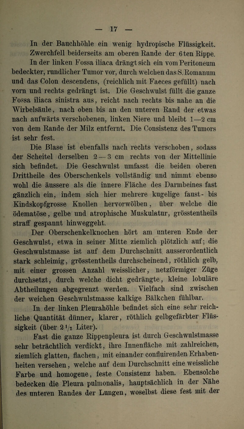 In der Bauchhöhle ein wenig hydropisclie Flüssigkeit. Zwerchfell beiderseits am oberen Rande der 6tenRippe. In der linken Fossa iliaca drängt sich ein vom Peritoneum bedeckter, rundlicher Tumor vor, durch welchen das S.Romanum und das Colon descendens, (reichlich mit Faeces gefüllt) nach vorn und rechts gedrängt ist. Die Geschwulst füllt die ganze Fossa iliaca sinistra aus, reicht nach rechts bis nahe an die Wirbelsäule, nach oben bis an den unteren Rand der etwas nach aufwärts verschobenen, linken Niere und bleibt 1—2 cm von dem Rande der Milz entfernt. Die Consistenz des Tumors ist sehr fest. Die Blase ist ebenfalls nach rechts verschoben, sodass der Scheitel derselben 2 — 3 cm rechts von der Mittellinie sich befindet. Die Geschwulst umfasst die beiden oberen Drittheile des Oberschenkels vollständig und nimmt ebenso wohl die äussere als die innere Fläche des Darmbeines fast gänzlich ein, indem sich hier mehrere kugelige faust- bis Kindskopfgrosse Knollen hervorwölben, über welche die ödematöse, gelbe und atrophische Muskulatur, grösstentheils straff gespannt hinweggeht. Der Oberschenkelknochen hört am unteren Ende der Geschwulst, etwa in seiner Mitte ziemlich plötzlich auf; die Geschwulstmasse ist auf dem Durchschnitt, ausserordentlich stark schleimig, grösstentheils durchscheinend, röthlich gelb, mit einer grossen Anzahl weisslicher, netzförmiger Züge durchsetzt, durch welche dicht gedrängte, kleine lobuläre Abtheilungen abgegrenzt werden. Vielfach sind zwischen der weichen Geschwulstmasse kalkige Bälkchen fühlbar. In der linken Pleurahöhle befindet sich eine sehr reich¬ liche Quantität dünner, klarer, röthlich gelbgefärbter Flüs¬ sigkeit (über 21/2 Liter). Fast die ganze Rippenpleura ist durch Geschwulstmasse sehr beträchtlich verdickt, ihre Innenfläche mit zahlreichen, ziemlich glatten, flachen, mit einander confluirendenErhaben¬ heiten versehen, welche auf dem Durchschnitt eine weissliche Farbe und homogene, feste Consistenz haben. Ebensolche bedecken die Pleura pulmonalis, hauptsächlich in der Nähe des unteren Randes der Lungen, woselbst diese fest mit der