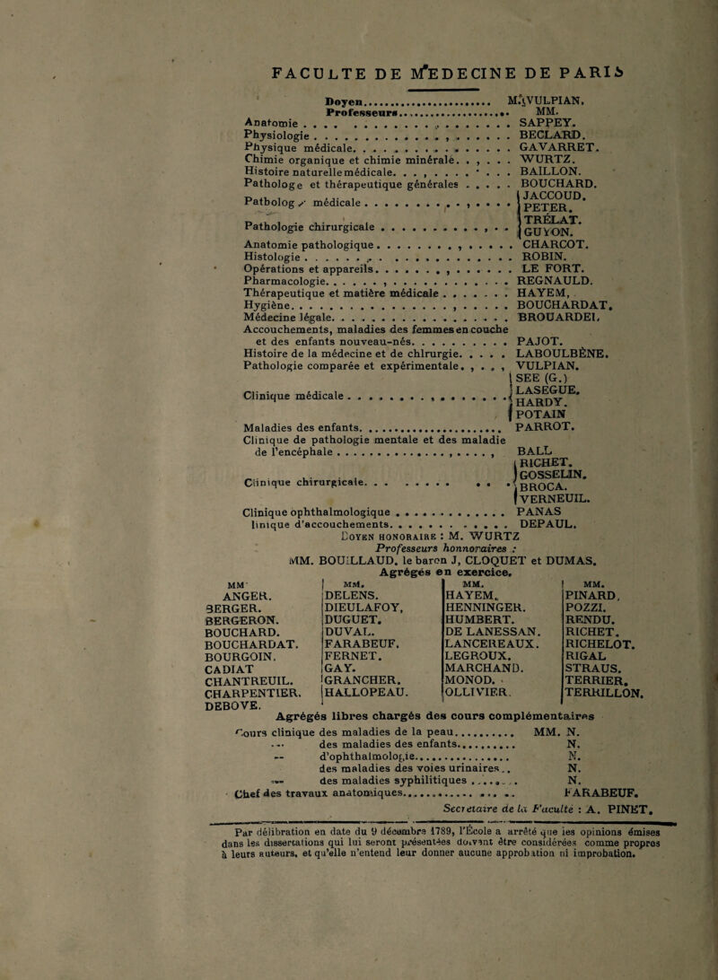 FACULTE DE M*E D E CI N E DE PARlà Doyen. Professeurs. Anatomie.„ . . Physiologie.. , . Physique médicale. . . ..» Chimie organique et chimie minéralé. Histoire naturelle médicale. Pathologe et thérapeutique générales Patbolog médicale. I Pathologie chirurgicale. . M.'jVULPIAN. . MM. . . . SAPfEY. . . . BECLARD. . . . GAVARRET. . . . WURTZ. . . . BAILLON. . . . BOUCHARD. JACCOUD. * ' * PETER. TRÉLAT. ’ * ' i GUY ON. Anatomie pathologique.. . . . . Histologie ...... ... Opérations et appareils.... Pharmacologie... Thérapeutique et matière médicale. Hygiène... Médecine légale. . . ... Accouchements, maladies des femmes en couche et des enfants nouveau-nés. Histoire de la médecine et de chirurgie. Pathologie comparée et expérimentale. , . „ , Clinique médicale 1 Maladies des enfants. CHARCOT. ROBIN. LE FORT. REGNAULD. HAYEM, BOUCHARDAT. BROUARDEL PAJOT. LABOULBÈNE. VULPIAN. SEE (G.) LASEGUE. HARDY. POT AIN PARROT. Clinique de pathologie mentale et des maladie de l’encéphale ..,...., Clinique chirurgicale.. . . Clinique ophthalmologique litnque d’accouchements, BALL l RICHET. ) GOSSELIN. IBROCA. | VERNEUIL. PANAS DEPAUL. Doyen honoraire : M. WURTZ Professeurs honnoraires : MM. BOUILLA UD. le baron J, CLOQUET et Agrégés en exercice. ANGE R. BERGER. BERGERON. BOUCHARD. BOUCHARDAT. BOURGOIN, CADIAT CHANTREUIL. CHARPENTIER, DEBOVE. MM, DELENS. DIEULAFOY, DUGUET. DUVAL. FARABEUF. FERNET. GA Y. GRANCHER. HALLOPEAU. MM. HAYEM. HENNINGER. HUMBERT. DE LANESSAN. LANCEREAUX. LEGROUX. MARCHAND. MONOD. . OLLIVIER. DUMAS. MM. PINARD. POZZI. RENDU. RICHET. RICHELOT. RIGAL STRAUS. TERRIER. TERRILLON, Agrégés libres chargés des cours complémentaires Cours clinique des maladies de la peau. MM. N. des maladies des enfants... N. — d’ophthalmologie. N. des maladies des voies urinaires.. N. =»- des maladies syphilitiques N. Chef des travaux anatomiques... ... . . FARABEUF. Secrétaire de La Faculté : A. PINET. Par délibration en date du 9 décembre 1789, l'École a arrêté que les opinions émises dans Iss dissertations qui lui seront présentées dosant être considérées comme propres à leurs auteurs, et qu’elle n’entend leur donner aucune approbation ni improbation.