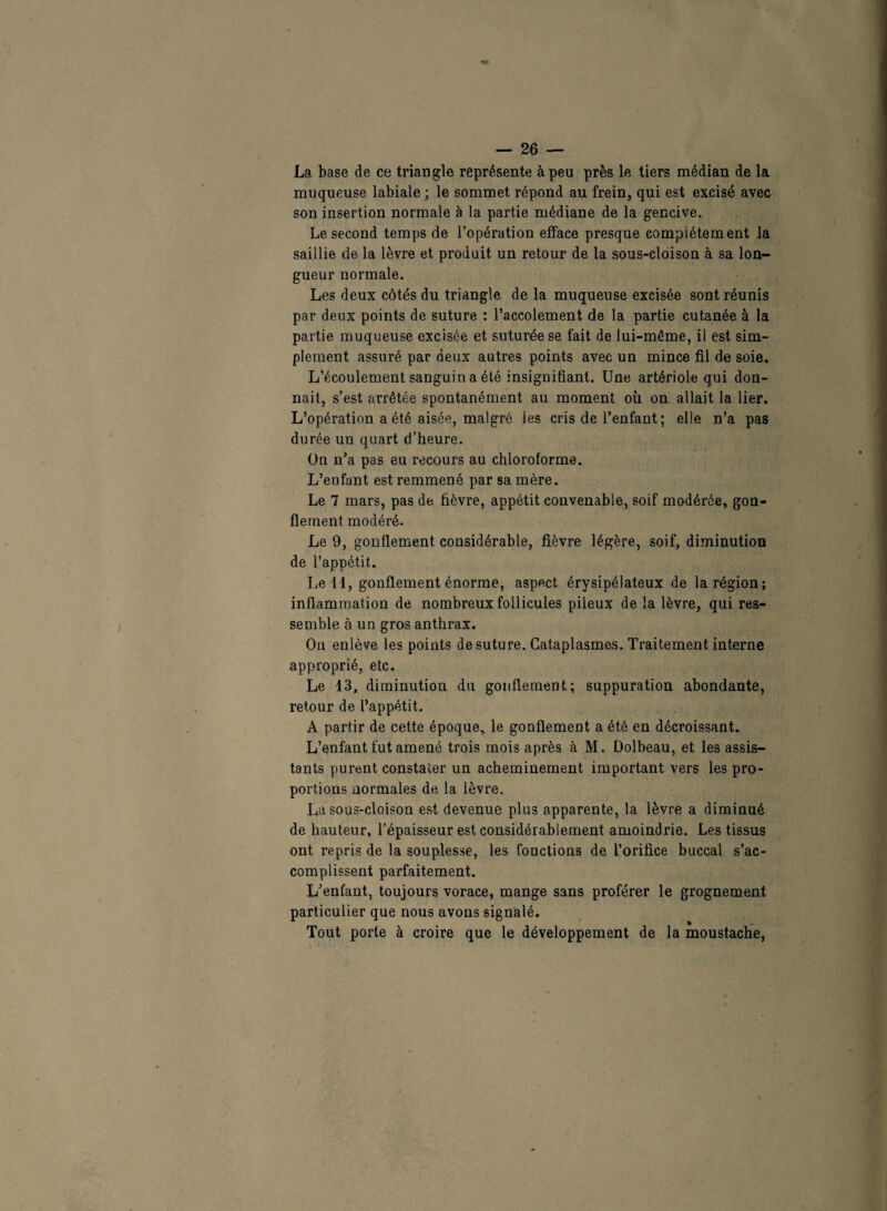 La base de ce triangle représente à peu près le tiers médian de la muqueuse labiale; le sommet répond au frein, qui est excisé avec son insertion normale à la partie médiane de la gencive. Le second temps de l’opération efface presque complètement la saillie de la lèvre et produit un retour de la sous-cloison à sa lon¬ gueur normale. Les deux côtés du triangle de la muqueuse excisée sont réunis par deux points de suture : l’accolement de la partie cutanée à la partie muqueuse excisée et suturée se fait de lui-même, il est sim¬ plement assuré par deux autres points avec un mince fil de soie. L’écoulement sanguin a été insignifiant. Une artériole qui don¬ nait, s’est arrêtée spontanément au moment où on allait la lier. L’opération a été aisée, malgré les cris de l’enfant; elle n’a pas durée un quart d’heure. On n’a pas eu recours au chloroforme. L’enfant est remmené par sa mère. Le 7 mars, pas de fièvre, appétit convenable, soif modérée, gon¬ flement modéré. Le 9, gonflement considérable, fièvre légère, soif, diminution de l’appétit. Le 11, gonflement énorme, aspect érysipélateux de la région; inflammation de nombreux follicules pileux de la lèvre, qui res¬ semble à un gros anthrax. On enlève les points de suture. Cataplasmes. Traitement interne approprié, etc. Le 13, diminution du gonflement; suppuration abondante, retour de l’appétit. A partir de cette époque, le gonflement a été en décroissant. L’enfant fut amené trois mois après à M. Dolbeau, et les assis¬ tants purent constater un acheminement important vers les pro¬ portions normales de la lèvre. La sous-cloison est devenue plus apparente, la lèvre a diminué de hauteur, l’épaisseur est considérablement amoindrie. Les tissus ont repris de la souplesse, les fonctions de l’orifice buccal s’ac¬ complissent parfaitement. L’enfant, toujours vorace, mange sans proférer le grognement particulier que nous avons signalé. Tout porte à croire que le développement de la moustache,