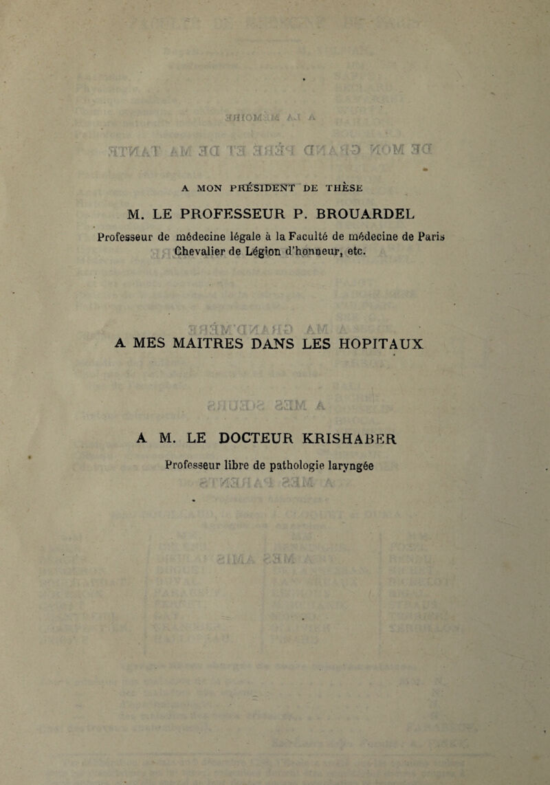 ' ' ' ifHlOM.M AJ A mnlt aa vs 3‘\3 i a umq kom 3a A MON PRÉSIDENT DE THÈSE M. LE PROFESSEUR P. BROUARDEL Professeur de médecine légale à la Faculté de médecine de Paris Chevalier de Légion d’honneur, etc. A MES MAITRES DANS LES HOPITAUX iïl I L> H >*•■- 82M A 1 A M. LE DOCTEUR KRISHABER Professeur libre de pathologie laryngée O • * j* C ... 7 i «. Ju OvlRi » i