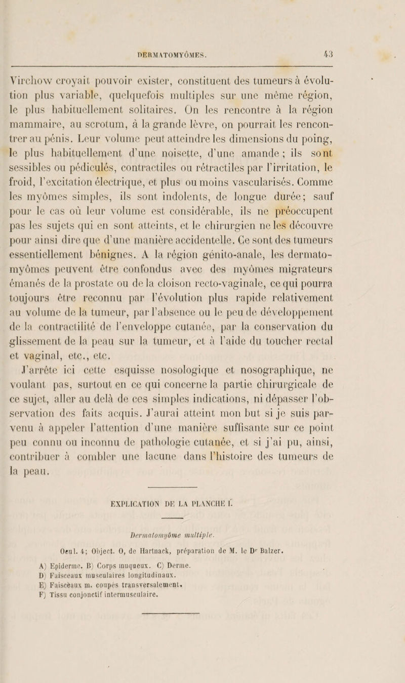 Virchow croyait pouvoir exister, constituent des tumeurs à évolu¬ tion plus variable, quelquefois multiples sur une même région, le plus habituellement solitaires. On les rencontre à la région mammaire, au scrotum, à la grande lèvre, on pourrait les rencon¬ trer au pénis. Leur volume peut atteindre les dimensions du poing, le plus habituellement d’une noisette, d’une amande; ils sont sessibles ou pédiculés, contractiles ou rétractiles par l’irritation, le froid, l’excitation électrique, et plus ou moins vascularisés. Comme les mvômes simples, ils sont indolents, de longue durée; sauf pour le cas où leur volume est considérable, ils ne préoccupent pas les sujets qui en sont atteints, et le chirurgien ne les découvre pour ainsi dire que d’une manière accidentelle. Ce sont des tumeurs essentiellement bénignes. A la région génito-anale, les clermato- myornes peuvent être confondus avec des myornes migrateurs émanés de la prostate ou delà cloison recto-vaginale, ce qui pourra toujours être reconnu par l’évolution plus rapide relativement au volume de la tumeur, par l’absence ou le peu de développement de la contractilité de l’enveloppe cutanée, par la conservation du glissement de la peau sur la tumeur, et à l’aide du toucher rectal et vaginal, etc., etc. J’arrête ici cette esquisse nosologique et nosographique, ne voulant pas, surtout en ce qui concerne la partie chirurgicale de ce sujet, aller au delà de ces simples indications, ni dépasser l’ob¬ servation des faits acquis. J’aurai atteint mon but si je suis par¬ venu à appeler l’attention d’une manière suffisante sur ce point peu connu ou inconnu de pathologie cutanée, et si j’ai pu, ainsi, contribuer à combler une lacune dans l’histoire des tumeurs de la peau. EXPLICATION DE LA PLANCHE I. Dermatomyôme multiple. Oeul. 4; Object. O, de Hartnack, préparation de M. le Dr Balzer. A) Epiderme. B) Corps muqueux. C) Derme. Dj Faisceaux musculaires longitudinaux. E) Faisceaux m. coupés transversalement. F) Tissu conjonctif intermusculaire.