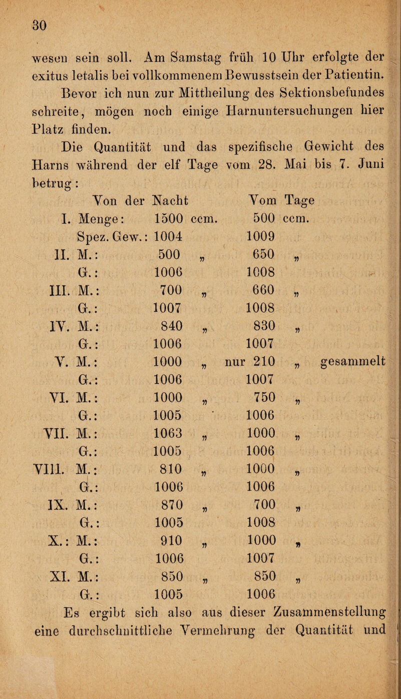 BO wesen sein soll. Am Samstag früh 10 Uhr erfolgte der exitus letalis bei vollkommenem Bewusstsein der Patientin. Bevor ich nun zur Mittheilung des Sektionsbefundes schreite, mögen noch einige Harnuntersuchungen hier Platz finden. Die Quantität und das Harns während der elf Tage betrug : Yon der Nacht I. Menge: 1500 ccm. Spez. Gew.: 1004 II. M. 500 G. 1006 III. M. 700 G. 1007 1Y. M. 840 G. 1006 Y. M. 1000 G. 1006 YI. M. 1000 G. 1005 VII. M. 1063 G. 1005 VIII. M. 810 G. 1006 IX. M. 870 G. 1005 X.: M. 910 G. 1006 XI. M. 850 G. 1005 spezifische Gewicht des vom 28. Mai bis 7. Juni Yom Tage 500 ccm. 1009 650 1008 660 1008 830 1007 nur 210 1007 750 1006 1000 1006 1000 1006 700 1008 1000 1007 850 1006 dieser Zusammenstellung Es ergibt sich also aus eine durchschnittliche Yermehrung der Quantität und » n y> „ gesammelt n y) T) n