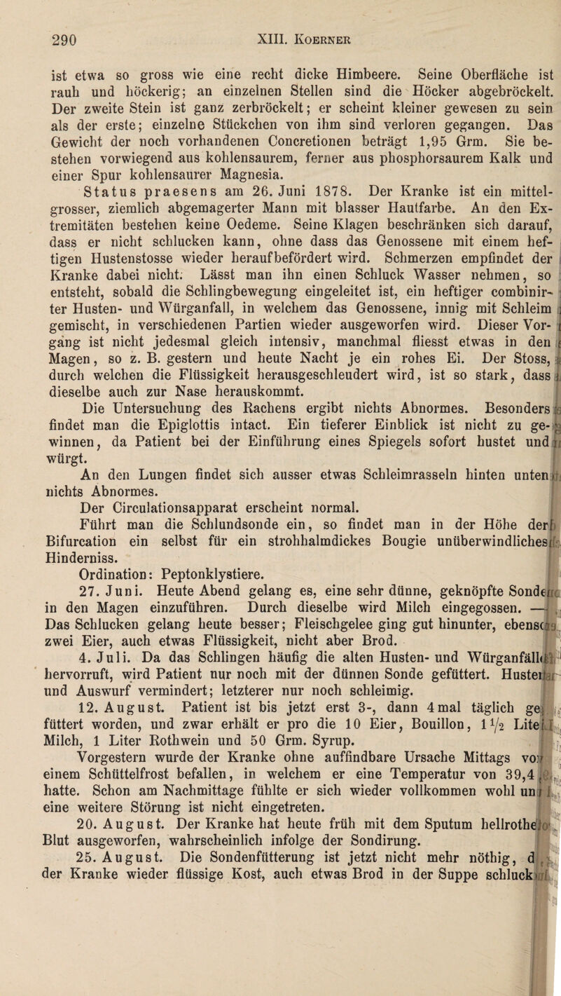 ist etwa so gross wie eine recht dicke Himbeere. Seine Oberfläche ist rauh und höckerig; an einzelnen Stellen sind die Höcker abgebröckelt. Der zweite Stein ist ganz zerbröckelt; er scheint kleiner gewesen zu sein als der erste; einzelne Stückchen von ihm sind verloren gegangen. Das Gewicht der noch vorhandenen Concretionen beträgt 1,95 Grm. Sie be¬ stehen vorwiegend aus kohlensaurem, ferner aus phosphorsaurem Kalk und einer Spur kohlensaurer Magnesia. Status praesens am 26. Juni 1878. Der Kranke ist ein mittel¬ grosser, ziemlich abgemagerter Mann mit blasser Hautfarbe. An den Ex¬ tremitäten bestehen keine Oedeme. Seine Klagen beschränken sich darauf, dass er nicht schlucken kann, ohne dass das Genossene mit einem hef¬ tigen Hustenstosse wieder heraufbefördert wird. Schmerzen empfindet der Kranke dabei nicht. Lässt man ihn einen Schluck Wasser nehmen, so entsteht, sobald die Schlingbewegung eingeleitet ist, ein heftiger combinir- ter Husten- und Würganfall, in welchem das Genossene, innig mit Schleim ;j gemischt, in verschiedenen Partien wieder ausgeworfen wird. Dieser Vor- i gang ist nicht jedesmal gleich intensiv, manchmal fliesst etwas in den i Magen, so z. B. gestern und heute Nacht je ein rohes Ei. Der Stoss, i durch welchen die Flüssigkeit herausgeschleudert wird, ist so stark, dass i dieselbe auch zur Nase herauskommt. Die Untersuchung des Rachens ergibt nichts Abnormes. Besonders k findet man die Epiglottis intact. Ein tieferer Einblick ist nicht zu ge¬ winnen, da Patient bei der Einführung eines Spiegels sofort hustet und würgt. An den Lungen findet sich ausser etwas Schleimrasseln hinten unten» nichts Abnormes. Der Circulationsapparat erscheint normal. Führt man die Schlundsonde ein, so findet man in der Höhe derf Bifurcation ein selbst für ein strohhalmdickes Bougie unüberwindlichesr Hinderniss. Ordination: Peptonklystiere. 27. Juni. Heute Abend gelang es, eine sehr dünne, geknöpfte Sonder in den Magen einzuführen. Durch dieselbe wird Milch eingegossen. - Das Schlucken gelang heute besser; Fleischgelee ging gut hinunter, ebenso zwei Eier, auch etwas Flüssigkeit, nicht aber Brod. 4. Juli. Da das Schlingen häufig die alten Husten- und Würganfälh hervorruft, wird Patient nur noch mit der dünnen Sonde gefüttert. Husten und Auswurf vermindert; letzterer nur noch schleimig. 12. August. Patient ist bis jetzt erst 3-, dann 4mal täglich ge| füttert worden, und zwar erhält er pro die 10 Eier, Bouillon, 11/2 Liter Milch, 1 Liter Roth wein und 50 Grm. Syrup. Vorgestern wurde der Kranke ohne auffindbare Ursache Mittags voir einem Schüttelfrost befallen, in welchem er eine Temperatur von 39,4, hatte. Schon am Nachmittage fühlte er sich wieder vollkommen wohl un eine weitere Störung ist nicht eingetreten. 20. August. Der Kranke hat heute früh mit dem Sputum hellrothei Blut ausgeworfen, wahrscheinlich infolge der Sondirung. 25. August. Die Sondenfütterung ist jetzt nicht mehr nöthig, der Kranke wieder flüssige Kost, auch etwas Brod in der Suppe schluck