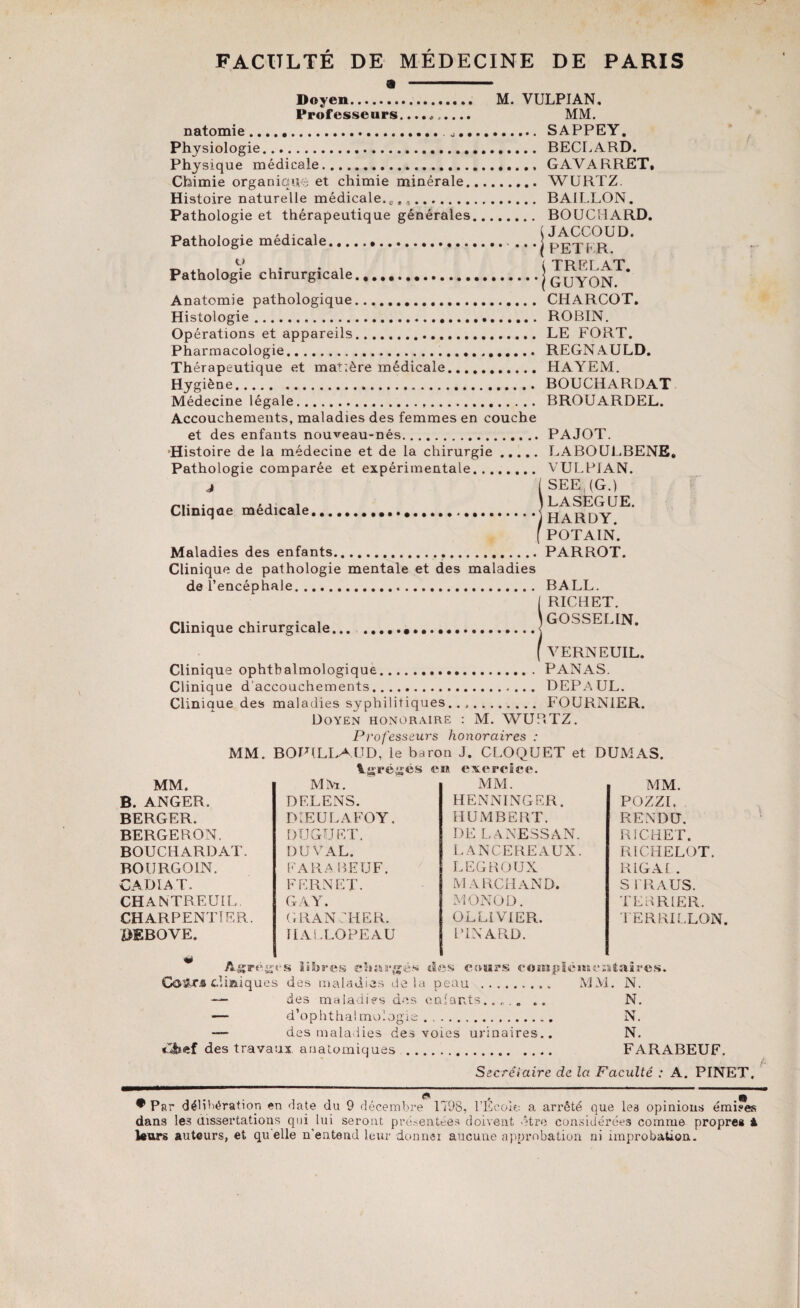 FACULTE DE MEDECINE DE PARIS Doyen. M. VULPIAN. Professeurs.. MM. natomie... SAPPEY. Physiologie... BECLARD. Physique médicale. GAVARRET, Chimie organique et chimie minérale. WURTZ. Histoire naturelle médicale.,. „ .. BAILLON. Pathologie et thérapeutique générales. BOUCHARD. Pathologie medicale.j pETFR Pathologie chirurgicale.j (quyON Anatomie pathologique. CHARCOT. Histologie. ROBIN. Opérations et appareils. LE FORT. Pharmacologie... REGNAULD. Thérapeutique et matière médicale. HAYEM. Hygiène. BOUCHARDAT Médecine légale. BROUARDEL. Accouchements, maladies des femmes en couche et des enfants nouveau-nés.PAJOT. •Histoire de la médecine et de la chirurgie.LABOULBENE. Pathologie comparée et expérimentale. VULPIAN. j ( SEE (G.) « \ LASEGUE. Clmiqae medicale. HARDY f POTAIN. Maladies des enfants.PARROT. Clinique de pathologie mentale et des maladies de l’encéphale. BALL. [ RICHET. . u- • , \GOSSELIN. ( VERNEUIL. Clinique ophtbalmologique.PANAS. Clinique d’accouchements... DEPAUL. Clinique des maladies syphilitiques.. ,. FOURNIER. Doyen honoraire : M. WURTZ. Professeurs honoraires : MM. BOUILLAUD, le baron J. CLOQUET et DUMAS. ^-grégés eu exercice. MM. MM. MM. MM. B. ANGER. DELENS. HENNINGER. POZZI. BERGER. DIEULAFOY. HUMBERT. RENDU. BERGERON. DÏJGUET. DE LANESSAN. RICHET. BOUCHARDAT. DU VAL. LANCEREAUX. RICHELOT. BOURGOIN. FARABEUF. LEGROUX RIGA! . CADIAT. FERNET. MARCHAND. S 1RAUS. CHANTRE UIL. GA Y. MONOD. TERRIER. CHARPENTIER. CRAN CHER. OLL1VIER. TERRILLON DEBOVE. HALLOPEAU PINARD. Agrèges libres ehurgés eies cours eompiéiaentaires. cUi&iques des maladies delà peau .. MM. N. «— des maladies des enfants..., . .. N. — d’ophthaimulogie. N. —- des maladies des voies urinaires.. N. des travaux anatomiques. FARABEUF. Secrétaire de la Faculté : A. PINET. ® Par délibération en date du 9 décembre 1798, l’École a arrêté que les opinions émi?es dans les dissertations qui lui seront présentées doivent être considérées comme propre* & leurs autours, et quelle n'entend leur donnai aucune approbation ni improbation.