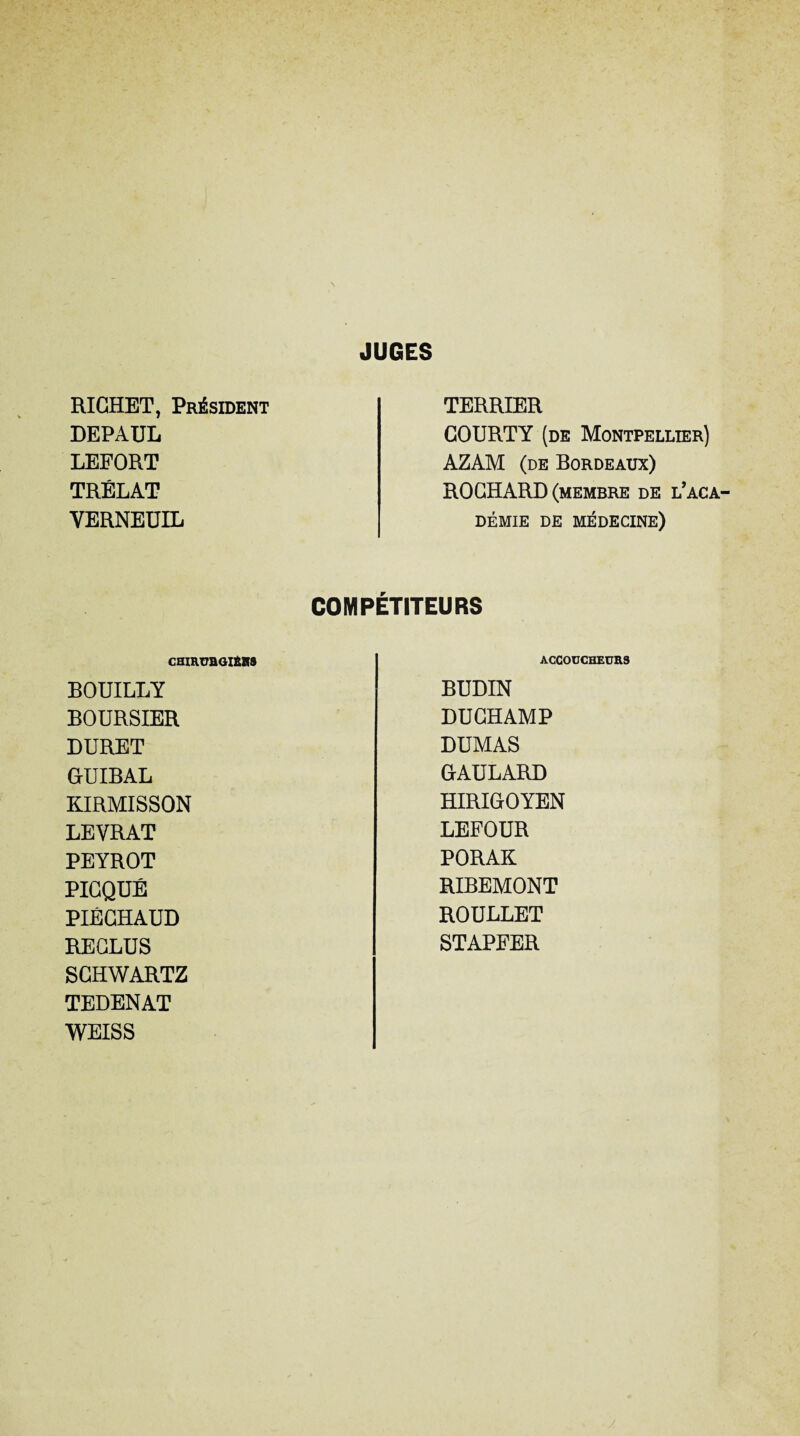 JUGES RICHET, Président DEPAUL LEFORT TRÉLAT VERNEÜIL TERRIER GOURTY (de Montpellier) AZAM (de Bordeaux) ROGHARD (membre de l'aca¬ démie DE médecine) COMPÉTITEURS CHIRÜBOI&HS BOUILLY BOURSIER DURET GUIBAL KIRMISSON LEVRAT PEYROT PIGQUÉ PIÉGHAUD REGLUS SCHWARTZ TEDENAT WEISS ACCOÜCHEÜRS BUDIN DUGHAMP DUMAS GAULARD HIRIGOYEN LEFOUR PORAK RIBEMONT ROULLET STAPFER