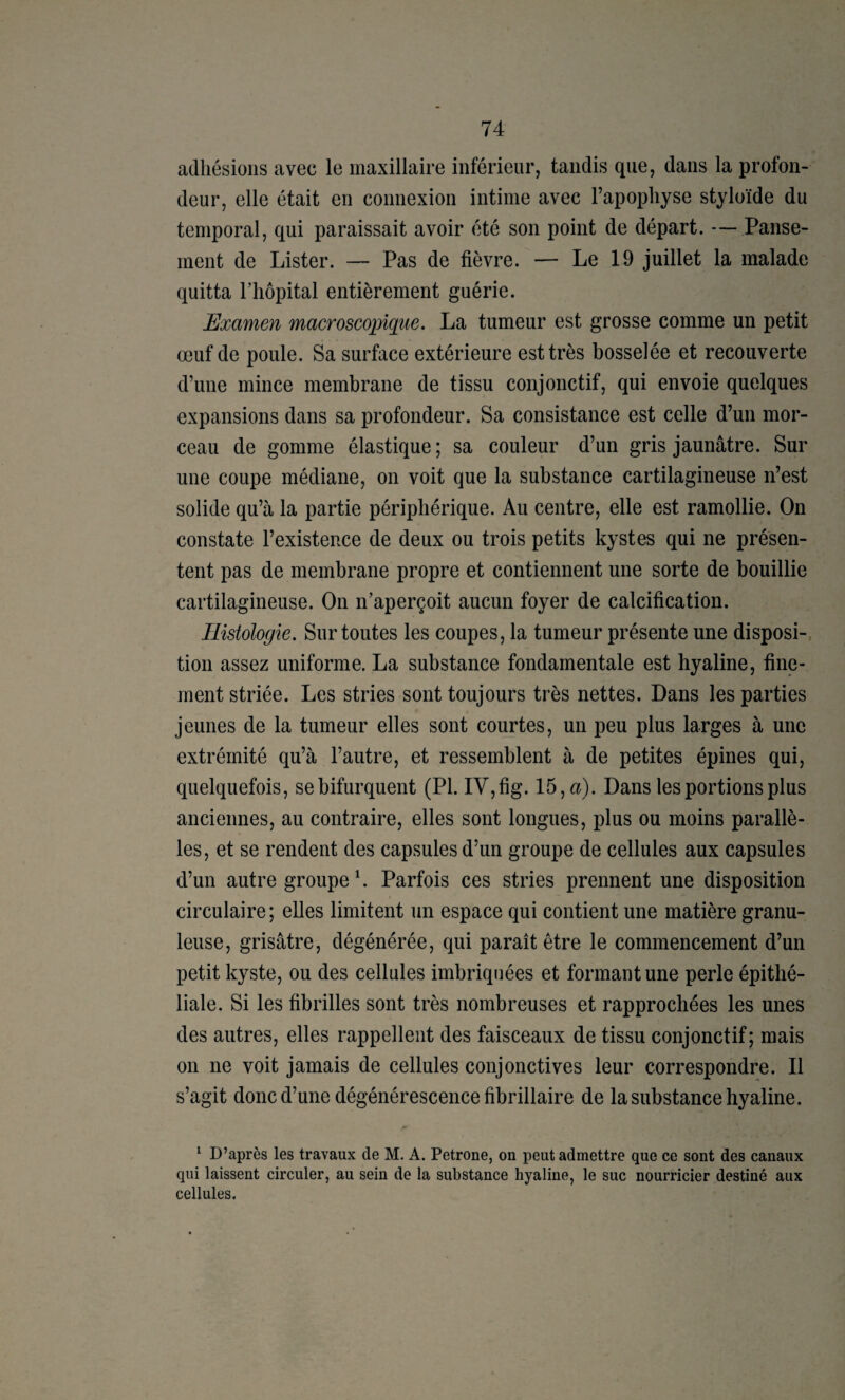 adhésions avec le maxillaire inférieur, tandis que, dans la profon¬ deur, elle était en connexion intime avec l’apophyse styloïde du temporal, qui paraissait avoir été son point de départ. — Panse¬ ment de Lister. Pas de fièvre. — Le 19 juillet la malade quitta riiôpital entièrement guérie. Examen macroscopique. La tumeur est grosse comme un petit œuf de poule. Sa surface extérieure est très bosselée et recouverte d’une mince membrane de tissu conjonctif, qui envoie quelques expansions dans sa profondeur. Sa consistance est celle d’un mor¬ ceau de gomme élastique; sa couleur d’un gris jaunâtre. Sur une coupe médiane, on voit que la substance cartilagineuse n’est solide qu’à la partie périphérique. Au centre, elle est ramollie. On constate l’existence de deux ou trois petits kystes qui ne présen¬ tent pas de membrane propre et contiennent une sorte de bouillie cartilagineuse. On n’aperçoit aucun foyer de calcification. Histologie. Sur toutes les coupes, la tumeur présente une disposi-, tion assez uniforme. La substance fondamentale est hyaline, fine¬ ment striée. Les stries sont toujours très nettes. Dans les parties jeunes de la tumeur elles sont courtes, un peu plus larges à une extrémité qu’à l’autre, et ressemblent à de petites épines qui, quelquefois, se bifurquent (PL IV,fig. 15, a). Dans les portions plus anciennes, au contraire, elles sont longues, plus ou moins parallè¬ les, et se rendent des capsules d’un groupe de cellules aux capsules d’un autre groupe L Parfois ces stries prennent une disposition circulaire ; elles limitent un espace qui contient une matière granu¬ leuse, grisâtre, dégénérée, qui paraît être le commencement d’un petit kyste, ou des cellules imbriquées et formant une perle épithé¬ liale. Si les fibrilles sont très nombreuses et rapprochées les unes des autres, elles rappellent des faisceaux de tissu conjonctif ; mais on ne voit jamais de cellules conjonctives leur correspondre. Il s’agit donc d’une dégénérescence fibrillaire de la substance hyaline. ^ D’après les travaux de M. A. Petrone, on peut admettre que ce sont des canaux qui laissent circuler, au sein de la substance hyaline, le suc nourricier destiné aux cellules.