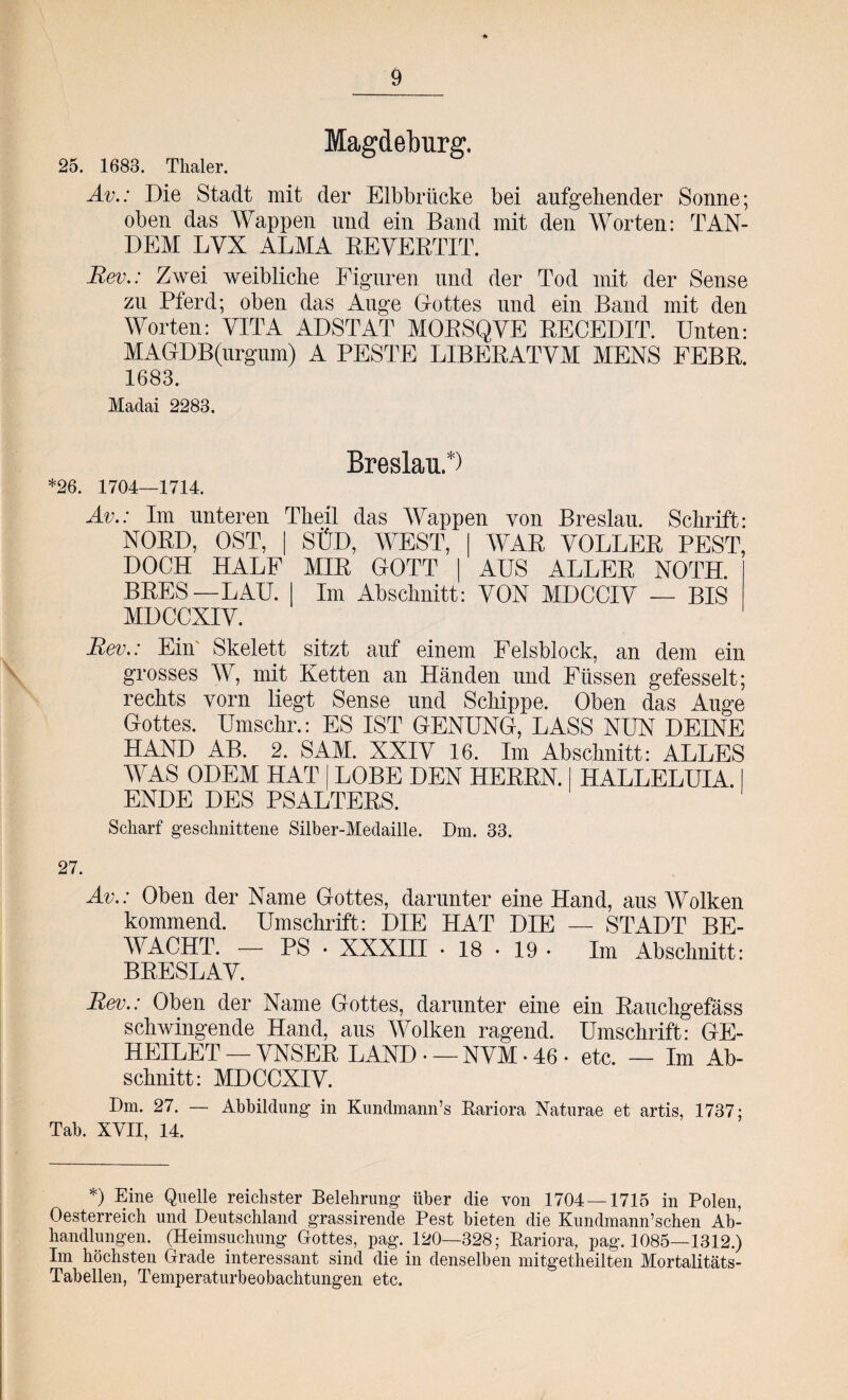 Magdeburg. 25. 1683. Thaler. Av.: Die Stadt mit der Elbbrücke bei aufgehender Sonne; oben das Wappen und ein Band mit den Worten: TAN¬ DEM LYX ALMA REYERTIT. Rev.: Zwei weibliche Figuren und der Tod mit der Sense zu Pferd; oben das Auge Lottes und ein Band mit den Worten: VITA ADSTAT MORSQYE RECEDTT. Unten: MAGDB(urgiim) A PESTE LIBERATYM MENS PEBR. 1683. Madai 2283. Breslau.*) *26. 1704—1714. Av.: Im unteren Theil das Wappen von Breslau. Schrift: NORD, OST, | SÜD, WEST, [ WAR VOLLER PEST, DOCH HALF MIR GOTT | AUS ALLER NOTH. BRES—LAU. | Im Abschnitt: VON MDCCIV — BIS MDCCXIV. Rev.: Ein Skelett sitzt auf einem Felsblock, an dem ein grosses W, mit Ketten an Händen und Füssen gefesselt; rechts vorn liegt Sense und Schippe. Oben das Auge Gottes. Umsclir.: ES IST GENUNG, LASS NUN DEINE HAND AB. 2. SAM. XXIV 16. Im Abschnitt: ALLES WAS ODEM HAT | LOBE DEN HERRN. I HALLELUIA. I ENDE DES PSALTERS. Scharf geschnittene Silber-Medaille. Dm. 33. 27. Av.: Oben der Name Gottes, darunter eine Hand, aus Wolken kommend. Umschrift: DIE HAT DIE — STADT BE- WACHT. — PS • XXXIII • 18 • 19 • Im Abschnitt: BRESLAV. Rev.: Oben der Name Gottes, darunter eine ein Rauchgefäss schwingende Hand, aus Wolken ragend. Umschrift: GE¬ HEILET — YNSER LAND • — NYM • 46 • etc. — Im Ab¬ schnitt: MDCCXIY. Dm. 27. — Abbildung in Kundmann’s Bariora Naturae et artis, 1737; Tab. XVII, 14. *) Eine Quelle reichster Belehrung über die von 1704—1715 in Polen, Oesterreich und Deutschland grassirende Pest bieten die Kundmann’schen Ab¬ handlungen. (Heimsuchung Gottes, pag. 120—328; Bariora, pag. 1085—1312.) Im höchsten Grade interessant sind die in denselben mitgetheilten Mortalitäts- Tabellen, Temperaturbeobachtungen etc.