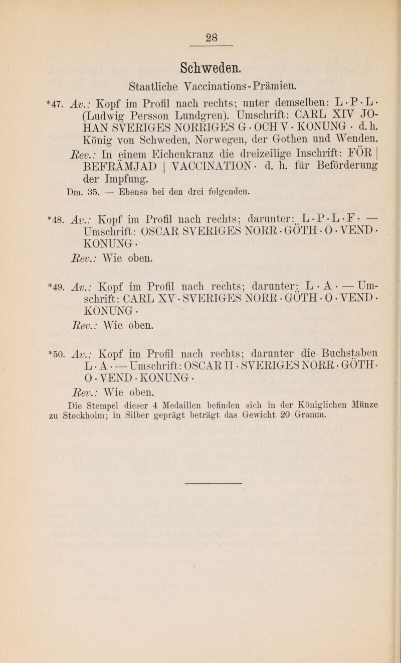 Schweden. Staatliche Vaccinations- Prämien. *47. Av.: Kopf im Profil nach rechts; unter demselben: L • P • L • (Ludwig Persson Lundgren). Umschrift: CARL XIV JO- HAN SVERIGES NORRIGES G • OCH V • KONUNG • d. h. König von Schweden, Norwegen, der Gothen und Wenden. Bev.: In einem Eichenkranz die dreizeilige Inschrift: FÖR | BEFRÄMJAD | VACCINATION • d. h. für Beförderung der Impfung. Dm. 35. — Ebenso bei den drei folgenden. *48. Av.: Kopf im Profil nach rechts; darunter: L-P-L-F- — Umschrift: OSCAR SVERIGES NORR • GÖTH • 0 • VEND • KONUNG• Bev.: Wie oben. *49. Av.: Kopf im Profil nach rechts; darunter: L-A* — Um¬ schrift: CARL XV • SVERIGES NORR • GÖTH • 0 • VEND • KONUNG• Bev.: Wie oben. *50. Av.: Kopf im Profil nach rechts; darunter die Buchstaben L • A • — Umschrift: OSCAR II • SVERIGES NORR • GÖTH« 0•VEND•KONUNG• Bev.: Wie oben. Die Stempel dieser 4 Medaillen befinden sich in der Königlichen Münze zu Stockholm; in Silber geprägt beträgt das Gewicht 20 Gramm.