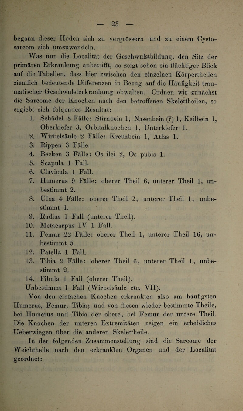 begann dieser Hoden sich zu vergrössern und zu einem Cysto- sarcom sich umzuwandeln. Was nun die Localität der Geschwulstbildung, den Sitz der primären Erkrankung anbetrifft, so zeigt schon ein flüchtiger Blick auf die Tabellen, dass hier zwischen den einzelnen Körpertheilen ziemlich bedeutende Differenzen in Bezug auf die Häufigkeit trau- matischer Geschwulsterkrankung obwalten. Ordnen wir zunächst die Sarcome der Knochen nach den betroffenen Skelettheilen, so ergiebt sich folgendes Resultat: 1. Schädel 8 Fälle: Stirnbein 1, Nasenbein (?) 1, Keilbein 1, Oberkiefer 3, Orbitalknochen 1, Unterkiefer 1. 2. Wirbelsäule 2 Fälle: Kreuzbein 1, Atlas 1. 3. Rippen 3 Fälle. 4. Becken 3 Fälle: Os ilei 2, Os pubis 1. 5. Scapula 1 Fall. 6. Clavicula 1 Fall. 7. Humerus 9 Fälle: oberer Theil 6, unterer Theil 1, un¬ bestimmt 2. 8. Ulna 4 Fälle: oberer Theil 2, unterer Theil 1, unbe¬ stimmt 1. 9. Radius 1 Fall (unterer Theil). 10. Metacarpus IV 1 Fall. 11. Femur 22 Fälle: oberer Theil 1, unterer Theil 16, un¬ bestimmt 5. 12. Patella 1 Fall. 13. Tibia 9 Fälle: oberer Theil 6, unterer Theil 1, unbe¬ stimmt 2. 14. Fibula 1 Fall (oberer Theil). Unbestimmt 1 Fall (Wirbelsäule etc. VII). Von den einfachen Knochen erkrankten also am häufigsten Humerus, Femur, Tibia; und von diesen wieder bestimmte Theile, bei Humerus und Tibia der obere, bei Femur der untere Theil. Die Knochen der unteren Extremitäten zeigen ein erhebliches Ueberwiegen über die anderen Skelettheile. In der folgenden Zusammenstellung sind die Sarcome der Weichtheile nach den erkrankten Organen und der Localität geordnet: