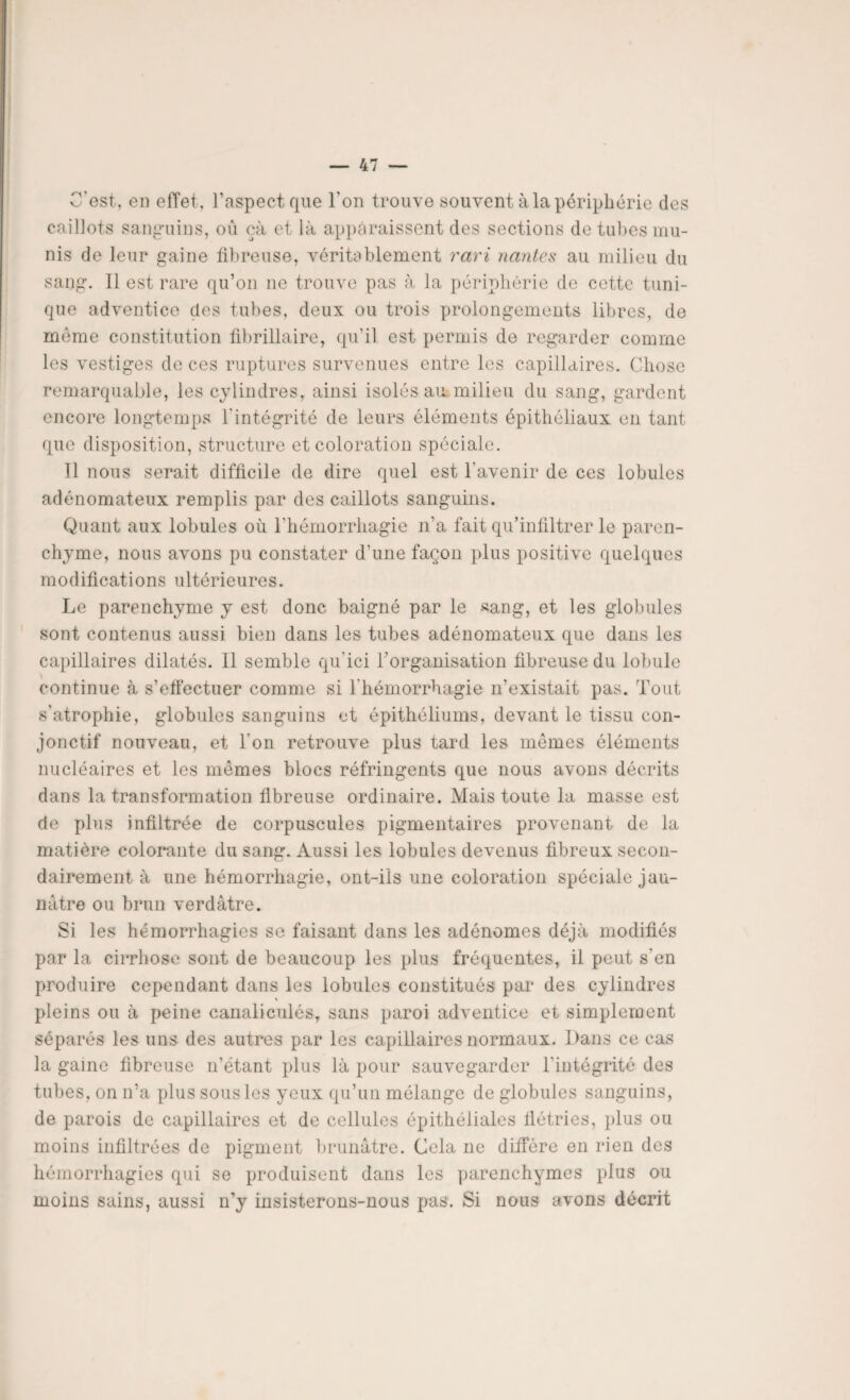 C'est, en effet, l’aspect que l'on trouve souvent à la périphérie des caillots sanguins, où çà et là apparaissent des sections de tubes mu¬ nis de leur gaine fibreuse, véritablement ravi liantes au milieu du sang. 11 est rare qu’on ne trouve pas à la périphérie de cette tuni¬ que adventice des tubes, deux ou trois prolongements libres, de meme constitution fibrillaire, qu’il est permis de regarder comme les vestiges de ces ruptures survenues entre les capillaires. Chose remarquable, les cylindres, ainsi isolés au milieu du sang, gardent encore longtemps l'intégrité de leurs éléments épithéliaux en tant que disposition, structure et coloration spéciale. Il nous serait difficile de dire quel est l’avenir de ces lobules adénomateux remplis par des caillots sanguins. Quant aux lobules où l’hémorrhagie n’a fait qu’infiltrer le paren¬ chyme, nous avons pu constater d’une façon plus positive quelques modifications ultérieures. Le parenchyme y est donc baigné par le sang, et les globules sont contenus aussi bien dans les tubes adénomateux que dans les capillaires dilatés. Il semble qu'ici l’organisation fibreuse du lobule continue à s’effectuer comme si l'hémorrhagie n’existait pas. Tout s'atrophie, globules sanguins et épithéliums, devant le tissu con¬ jonctif nouveau, et l’on retrouve plus tard les mêmes éléments nucléaires et les mêmes blocs réfringents que nous avons décrits dans la transformation fibreuse ordinaire. Mais toute la masse est de plus infiltrée de corpuscules pigmentaires provenant de la matière colorante du sang. Aussi les lobules devenus fibreux secon¬ dairement à une hémorrhagie, ont-ils une coloration spéciale jau¬ nâtre ou brun verdâtre. Si les hémorrhagies se faisant dans les adénomes déjà modifiés par la ciiThose sont de beaucoup les plus fréquentes, il peut s’en produire cependant dans les lobules constitués par des cylindres pleins ou à peine canaliculés, sans paroi adventice et simplement séparés les uns des autres par les capillaires normaux. Dans ce cas la gaine fibreuse n’étant plus là pour sauvegarder l’intégrité des tubes, on n’a plus sous les yeux qu’un mélange de globules sanguins, de parois de capillaires et de cellules épithéliales flétries, plus ou moins infiltrées de pigment brunâtre. Cela ne diffère en rien des hémorrhagies qui se produisent dans les parenchymes plus ou moins sains, aussi n’y insisterons-nous pas. Si nous avons décrit