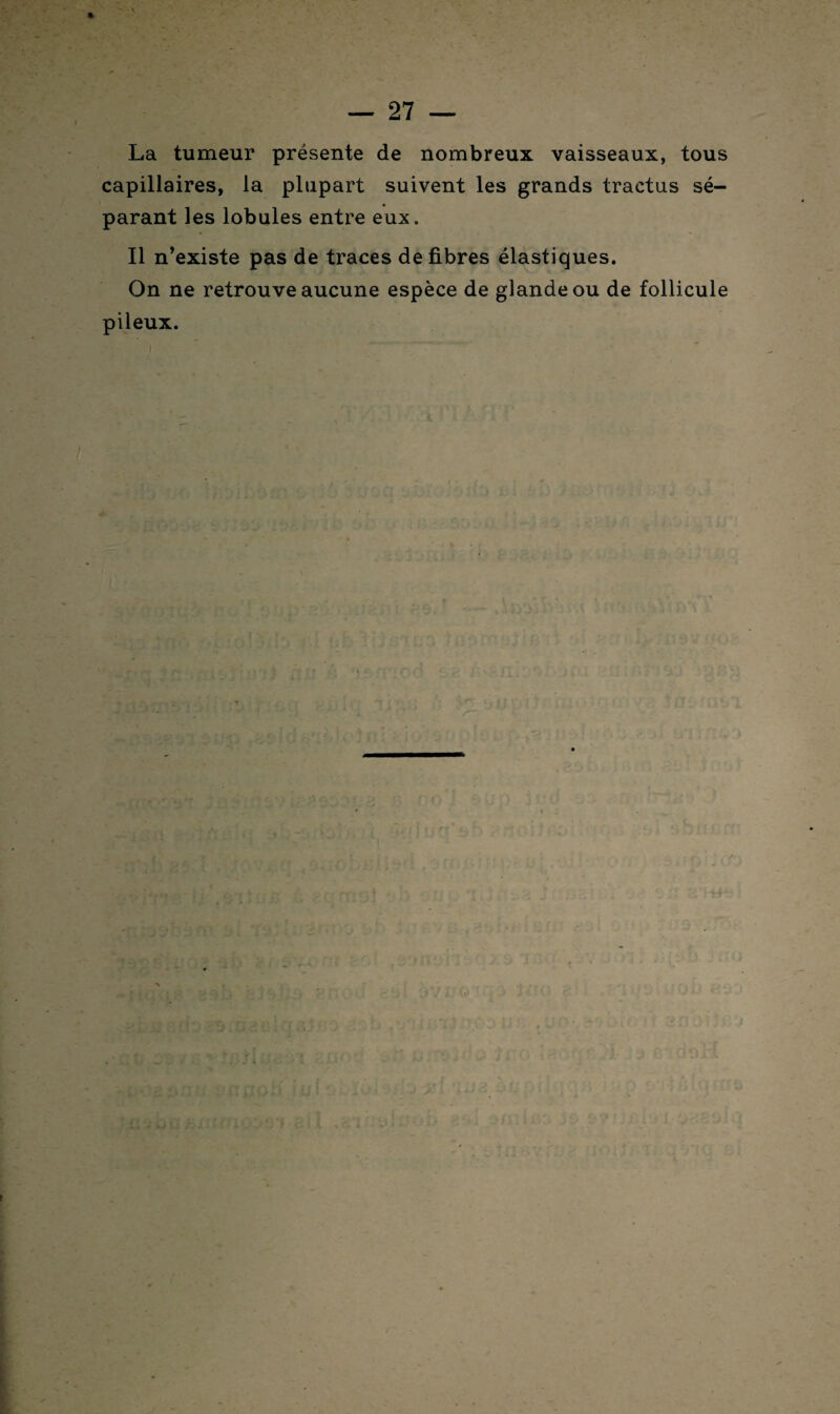 La tumeur présente de nombreux vaisseaux, tous capillaires, la plupart suivent les grands tractus sé¬ parant les lobules entre eux. Il n’existe pas de traces défibrés élastiques. On ne retrouve aucune espèce de glande ou de follicule pileux.