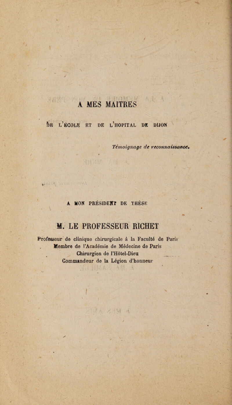 A MES MAITRES ÜK ï/ÉCOLE ET DE LHOPITAL DE DIJOtf Témoignage de reconnaissante* t 4 A MON PBËS1DEMT DE THÈSE M. LE PROFESSEUR RICHET Professeur de clinique chirurgicale à la Faculté de Paris Membre de l’Académie de Médecine de Paris Chirurgien de l’Hôtel-Dieu Commandeur de la Légion d’honneur ✓ T v *