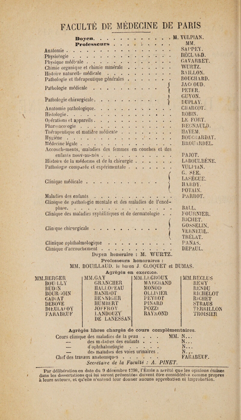 ©oycBî.M. YULP1AN. Professeurs MM. Anatomie. SAP PEA . Physiologie. BECLAhD. Physique médicale.. • GAVARRET. Chimie organique et chimie minérale. WUP.TZ. Histoire naturelle médicale. BAILLON. Pathologie et thérapeutique générales. Pathologie médicale. j Pathologie chirurgicale. -j Anatomie pathologique.. . . . . Histologie. Opérations et appareils. . ,. Pharmacologie.. Thérapeutique et matière médicale.. Hygiène. Médecine légale. Accouchements, maladies des femmes en couches et des enfants nouveau-nés. Histoire de la médecine et de la chirurgie.. Pathologie comparée et expérimentale .. { Clinique médicale. < I v. Maladies des enfants.. Clinique de pathologie mentale et des maladies de l’encé- phate.» Clinique des maladies syphilitiques et de dermatologie . . ( Clinique chirurgicale. < ( Clinique ophtalmologique. Clinique d’accouchement .. Doyen Honoraire : M. WURTZ. BOUCHARD. JAC( OUD. PETER. GUYON. DU PLAY. CHARCOT. ROBIN. LE FORT. REGNAULD. HaYEM. BOLGLARDAT. BROUaRDEL. PAJOT. LABOULBÈNE. YULPLvN. G. SÊE. LASÈGUE. HARDY. POTAIN. PARROT. BALL. FOURNIER. RICHET. GOSSELIN. YERNEU1L. TRÉLAT. PANAS. DEPAÜL. Professeurs honoraires : MM. BOUILLAUD. le haï on J. CLOQUET et DUMAS. Agrégés en exercice. MM.BERGE R MM.GAY MM.LEGROUX MM.RECLUS BOUILLY GRANCHER MARCHAND REMY BUDlN HALLOI'EAU MONOD RENDU BOUROOIN HANRiOT 0LUI VIER RICHE LOT CAD i AT HEN NIGER PÉYROT RICHET DEBOVE HUMBERT PINARD STRAUS D1EULALOY JOFFROY POZZ1 TERRILLON FARABEUF LANDÜUZY DE LANESSAN RAYMOND TROIS1ER Agrégés libres chargés de cours complémentaires. Cours clinique des maladies de la peau . . . MM. N... — des maladies des enfants ... N... — d'ophthalmoj-ogie. N... — des maladies des voies urinaires . N... Chef des travaux anatomiques. Secrétaire de la Faculté : A. PINET. FA1UBEUF. Par délibération en date du 9 décembre 1798, l’Ecole a arrêté que les opinions émises dans les dissertations qui lui seront présentées doivent être considérées comme propres à leurs auteurs, et qu'elle n’entend leur donner aucune approbatien ni improbation.