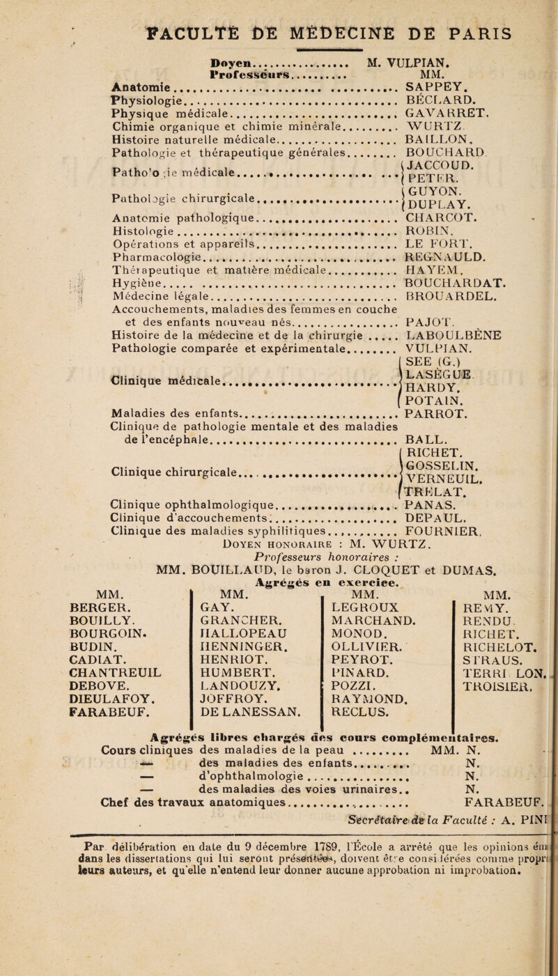 Patho'o vie médicale Doyen. M. VULPIAN. Professeurs. MM. Anatomie..SAPPEY. Physiologie. BÉCLARD. Physique médicale. GAVARRET. Chimie organique et chimie minérale.. WURTZ. Histoire naturelle médicale. BAILLON, Pathologie et thérapeutique générales. BOUCHARD. (JACCOUD. .I PETER. , (GUYON. Pathologie chirurgicale./DUPf A Y Anatomie pathologique.. CHARCOT. Histologie.. ..... ROBIN. Opérations et appareils. LE FORT. Pharmacologie. ........ REGN AULD. Th érapeutique et matière médicale. HAYEM. Hygiène.... BOUCHARDAT. Médecine légale. BROUARDEL. Accouchements, maladies des femmes en couche et des enfants nouveau nés.PAJOT. Histoire de la médecine et de la chirurgie.LABOULBÈNE Pathologie comparée et expérimentale. VULPIAN. I SEE (G.) Clinique médicale.IhaRDY^ f POTAIN. Maladies des enfants.PARROT. Clinique de pathologie mentale et des maladies de l’encéphale. BALL. [ RICHET. • ,. . , \ GOSSELIN. Clinique chirurgicale.......j yERNEULL. [trelat. Clinique ophthalmologique.......... PANAS. Clinique d’accouchements. DEPAUL. Clinique des maladies syphilitiques..FOURNIER, Doyen honoraire : M. WURTZ. Professeurs honoraires : MM. BOUILLAUD, le baron J. CLOQUET et DUMAS. Agrégés en exercice. MM. BERGER. BOUILLY. BOURG OIN. BUDIN. CADIAT. CHANTREUIL DEBOVE. DIEULAFOY. FARABEUF. MM. GAY. GRANCHER. HALLOPEAU I1ENNINGER. HENRIOT. HUMBERT. LANDOUZY, JOFFROY. DE LANESSAN. MM. LEGROUX MARCHAND. MONOD. OLLIV1ER. PEYROT. PINARD. POZZI. RAYMOND. RECLUS. MM. REviY. RENDU, RICHET. RICHELOT. Sl’RAUS. TERRI LON. TROIS1ER. Agrégés libres chargés des cours complémentaires. Cours cliniques des maladies delà peau .. MM. N. des maladies des enfants...,. N. — d’ophthalmologie. N. —- des maladies des voies urinaires.. N. Chef des travaux anatomiques.. FARABEUF. Secrétaire*de la Faculté : A. PIN! Par délibération en date du 9 décembre 1789, l’École a arrêté que les opinions émi dans les dissertations qui lui seront présentées, doivent être consi lérées comme propn leurs auteurs, et qu elle n’entend leur donner aucune approbation ni improbation.