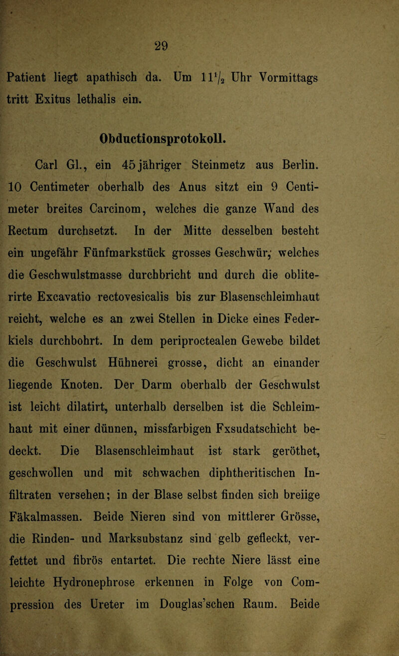 Patient liegt apathisch da. Um ll1^ Uhr Vormittags tritt Exitus lethalis ein. Obductionsprotokoll. Carl Gl., ein 45jähriger Steinmetz aus Berlin. 10 Centimeter oberhalb des Anus sitzt ein 9 Centi- meter breites Carcinom, welches die ganze Wand des Rectum durchsetzt. In der Mitte desselben besteht ein ungefähr Fünfmarkstück grosses Geschwür,- welches die Geschwulstmasse durchbricht und durch die oblite- rirte Excavatio rectovesicalis bis zur Blasenschleimhaut reicht, welche es an zwei Stellen in Dicke eines Feder¬ kiels durchbohrt. In dem periproctealen Gewebe bildet die Geschwulst Hühnerei grosse, dicht an einander liegende Knoten. Der Darm oberhalb der Geschwulst ist leicht dilatirt, unterhalb derselben ist die Schleim¬ haut mit einer dünnen, missfarbigen Fxsudatschicht be¬ deckt. Die Blasenschleimhaut ist stark geröthet, geschwollen und mit schwachen diphtheritischen In¬ filtraten versehen; in der Blase selbst finden sich breiige Fäkalmassen. Beide Nieren sind von mittlerer Grösse, die Rinden- und Marksubstanz sind gelb gefleckt, ver¬ fettet und fibrös entartet. Die rechte Niere lässt eine leichte Hydronephrose erkennen in Folge von Com- pression des Ureter im Douglas’schen Raum. Beide