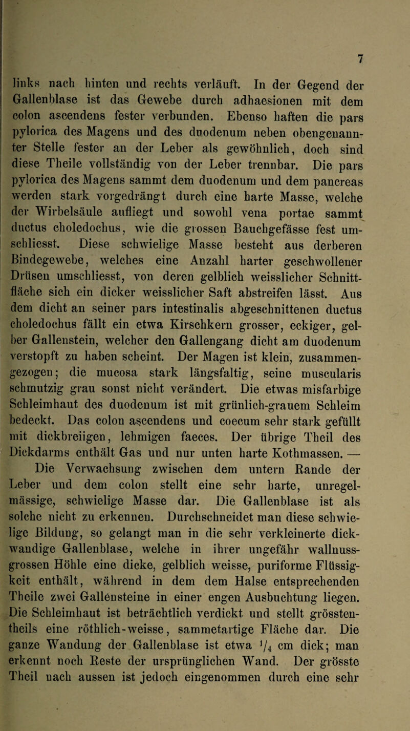 links nach hinten und rechts verläuft. In der Gegend der Gallenblase ist das Gewebe durch adhaesionen mit dem colon ascendens fester verbunden. Ebenso haften die pars pylorica des Magens und des duodenum neben obengenann¬ ter Stelle fester an der Leber als gewöhnlich, doch sind diese Theile vollständig von der Leber trennbar. Die pars pylorica des Magens sammt dem duodenum und dem pancreas werden stark vorgedrängt durch eine harte Masse, welche der Wirbelsäule aufliegt und sowohl vena portae sammt ductus choledochus, wie die grossen Bauchgefässe fest um- schliesst. Diese schwielige Masse besteht aus derberen Bindegewebe, welches eine Anzahl harter geschwollener Drüsen umschliesst, von deren gelblich weisslicher Schnitt¬ fläche sich ein dicker weisslicher Saft abstreifen lässt. Aus dem dicht an seiner pars intestinalis abgeschnittenen ductus choledochus fällt ein etwa Kirschkern grosser, eckiger, gel¬ ber Gallenstein, welcher den Gallengang dicht am duodenum verstopft zu haben scheint. Der Magen ist klein, zusammen¬ gezogen; die mucosa stark längsfaltig, seine muscularis schmutzig grau sonst nicht verändert. Die etwas misfarbige Schleimhaut des duodenum ist mit grünlich-grauem Schleim bedeckt. Das colon ascendens und coecum sehr stark gefüllt mit dickbreiigen, lehmigen faeces. Der übrige Theil des Dickdarms enthält Gas und nur unten harte Kothmassen. — Die Verwachsung zwischen dem untern Rande der Leber und dem colon stellt eine sehr harte, unregel¬ mässige, schwielige Masse dar. Die Gallenblase ist als solche nicht zu erkennen. Durchschneidet man diese schwie¬ lige Bildung, so gelangt man in die sehr verkleinerte dick¬ wandige Gallenblase, welche in ihrer ungefähr wallnuss¬ grossen Höhle eine dicke, gelblich weisse, puriforme Flüssig¬ keit enthält, während in dem dem Halse entsprechenden Theile zwei Gallensteine in einer engen Ausbuchtung liegen. Die Schleimhaut ist beträchtlich verdickt und stellt grössten- theils eine röthlich - weisse, sammetartige Fläche dar. Die ganze Wandung der Gallenblase ist etwa j/4 cm dick; man erkennt noch Reste der ursprünglichen Wand. Der grösste Theil nach aussen ist jedoch eingenommen durch eine sehr
