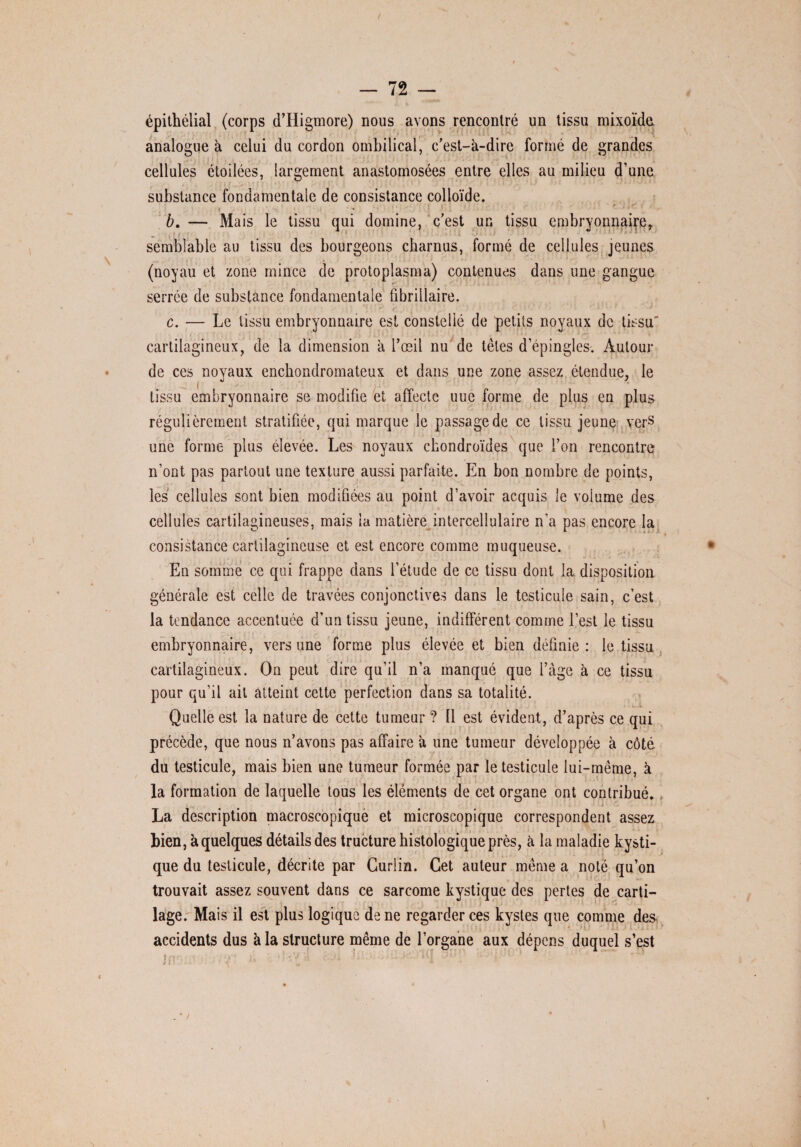 — 72 — épithélial (corps d’Higmore) nous avons rencontré un tissu mixoïde analogue à celui du cordon ombilical, c’est-à-dire formé de grandes cellules étoilées, largement anastomosées entre elles au milieu d’une substance fondamentale de consistance colloïde. b. — Mais le tissu qui domine, c’est un tissu embryonnaire, semblable au tissu des bourgeons charnus, formé de cellules jeunes (noyau et zone mince de protoplasma) contenues dans une gangue serrée de substance fondamentale fibrillaire. c. — Le tissu embryonnaire est constellé de petits noyaux de tissu' cartilagineux, de la dimension à l’œil nu de tètes d’épingles. Autour de ces noyaux enchondromateux et dans une zone assez étendue, le ^ f tissu embryonnaire se modifie et affecte uue forme de plus en plus régulièrement stratifiée, qui marque le passage de ce tissu jeune yers une forme plus élevée. Les noyaux cbondroïdes que l’on rencontre n’ont pas partout une texture aussi parfaite. En bon nombre de points, les cellules sont bien modifiées au point d’avoir acquis le volume des cellules cartilagineuses, mais la matière intercellulaire n’a pas encore la consistance cartilagineuse et est encore comme muqueuse. En somme ce qui frappe dans l’étude de ce tissu dont la disposition générale est celle de travées conjonctives dans le testicule sain, c’est la tendance accentuée d’un tissu jeune, indifférent comme lest le tissu embryonnaire, vers une forme plus élevée et bien définie: le tissu cartilagineux. On peut dire qu’il n’a manqué que l’àge à ce tissu pour qu’il ait atteint cette perfection dans sa totalité. Quelle est la nature de cette tumeur ? Il est évident, d’après ce qui précède, que nous n’avons pas affaire à une tumeur développée à côté du testicule, mais bien une tumeur formée par le testicule lui-même, à la formation de laquelle tous les éléments de cet organe ont contribué. La description macroscopique et microscopique correspondent assez bien, à quelques détails des tructure histologique près, à la maladie kysti¬ que du testicule, décrite par Gurlin. Cet auteur même a noté qu’on trouvait assez souvent dans ce sarcome kystique des pertes de carti¬ lage. Mais il est plus logique de ne regarder ces kystes que comme des. accidents dus à la structure même de l’organe aux dépens duquel s’est