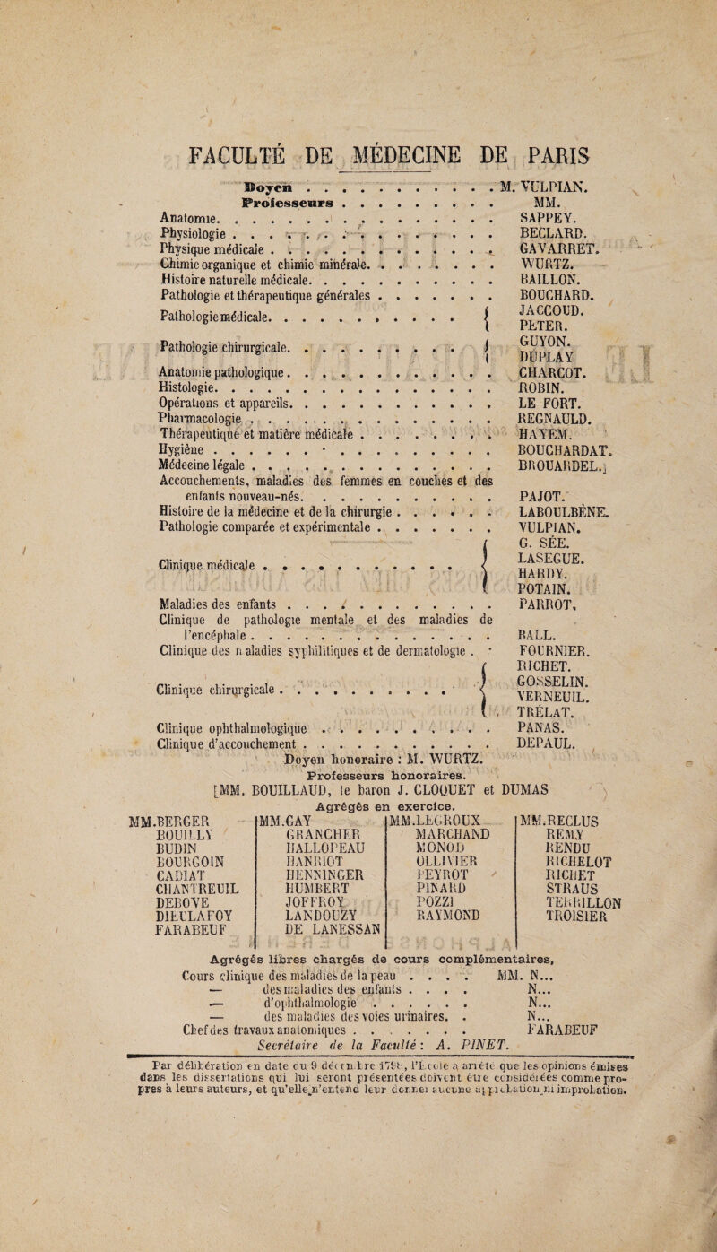 ®oycn ........... Professeurs. Anatomie. Physiologie ...... .-.. . . Physique médicale.s. Chimie organique et chimie minérale. Histoire naturelle médicale. Pathologie et thérapeutique générales. Pathologie médicale.. | Pathologie chirurgicale. j Anatomie pathologique.. Histologie. Opérations et appareils. Pharmacologie .. Thérapeutique et matière médicale.. . Hygiène.•. Médecine légale. Accouchements, maladies des femmes en couches et des M. VULPIAN. MM. SAPPEY. BECLARD. GAVARRET. W'URTZ. BAILLON. BOUCHARD. JACCOUD. PETER. GUYON. DUPLAY CHARCOT. ROBIN. LE FORT. REGNAULD. HAYEM. BOUCHARDAT. BROUARDEL.} enfants nouveau-nés. Histoire de la médecine et de la chirurgie . . . . Pathologie comparée et expérimentale. Clinique médicale Maladies des enfants. PAJOT. LABOULBÈNE. VULPIAN. G. SÉE. LASEGUE. HARDY. POTAIN. PARROT, Clinique de pathologie mentale et des maladies de l’encéphale.. . RALL. Clinique des maladies syphilitiques et de dermatologie . * FOURNIER. ( RICHET. rr . ,. . 1o ) GOSSELIN. Clinique chirurgicale. < VERNEUIL. ( , TRÉLAT. Clinique ophtalmologique. PANAS. Clinique d’accouchement . . . .. REPAUL. Doyen Honoraire : M. WURTZ. Professeurs honoraires. [MM. BOUILLAUD, le baron J. CLOQUET et DUMAS Agrégés en exercice. MM.BERGER MM.GAY MM.LEGROUX MM.RECLUS ROUI LL Y GRANCHER MARCHAND REMY BUD1N HALLOPEAU MONOD RENDU BOURGOIN IIANR10T OLL1YIER RlCLiELOT C ADI AT IJENNINGER IEYROT RICHET CUANTREU1L HUMBERT PINARD STRAUS DEBOYE JOFFROY POZZi TERR1LL0N D1EULAFOY LANDOUZY RAYMOND TROISIER FARABEUF F HE LANESSAN Agrégés libres chargés de cours complémentaires. Cours clinique des maladies de la peau .... MM. N... — des maladies des enfants .... N... — d’ophthalmologie. N... — des maladies des voies urinaires. . N... Chef des travaux anatomiques. FARABEUF Secrétaire de la Faculté: A. PINET. Par délibération en date du 9 décentre i79S, l’École a an e tc que les opinions émises dans les dissertations qui lui seront présentées doivent être considéiées comme pro¬ pres à leurs auteurs, et qu’ellejn’entend leur dcnnei aucune iq. pioLationjni improbation.