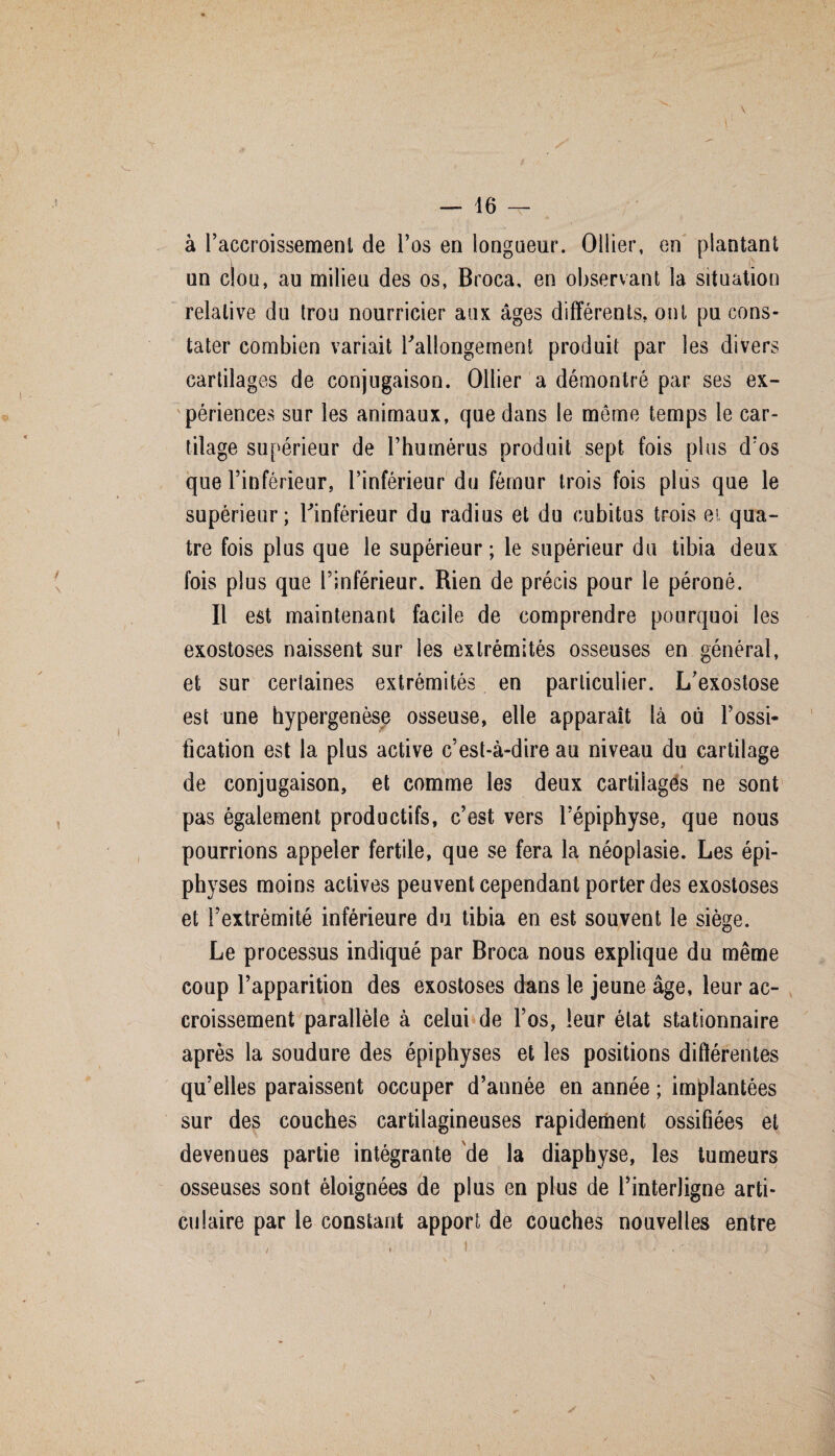 v_ « — 16 — à l’accroissement de l’os en longueur. Ollier, en plantant un clou, au milieu des os, Broca, en observant la situation relative du trou nourricier aux âges différents, ont pu cons¬ tater combien variait rallongement produit par les divers cartilages de conjugaison. Ollier a démontré par ses ex¬ périences sur les animaux, que dans le même temps le car¬ tilage supérieur de l’humérus produit sept fois plus d’os que l’inférieur, l’inférieur du fémur trois fois plus que le supérieur; Finférieur du radius et du cubitus trois et qua¬ tre fois plus que le supérieur; le supérieur du tibia deux fois plus que l’inférieur. Rien de précis pour le péroné. Il est maintenant facile de comprendre pourquoi les exostoses naissent sur les extrémités osseuses en général, et sur certaines extrémités en particulier. L’exostose est une hypergenèse osseuse, elle apparaît là où l’ossi¬ fication est la plus active c’est-à-dire au niveau du cartilage # de conjugaison, et comme les deux cartilages ne sont pas également productifs, c’est vers l’épiphyse, que nous pourrions appeler fertile, que se fera la néoplasie. Les épi- physes moins actives peuvent cependant porter des exostoses et l’extrémité inférieure du tibia en est souvent le siège. Le processus indiqué par Broca nous explique du même coup l’apparition des exostoses dans le jeune âge, leur ac¬ croissement parallèle à celui de l’os, leur état stationnaire après la soudure des épiphyses et les positions différentes qu’elles paraissent occuper d’année en année ; implantées sur des couches cartilagineuses rapidement ossifiées et devenues partie intégrante de la diaphyse, les tumeurs osseuses sont éloignées de plus en plus de l’interligne arti¬ culaire par le constant apport de couches nouvelles entre