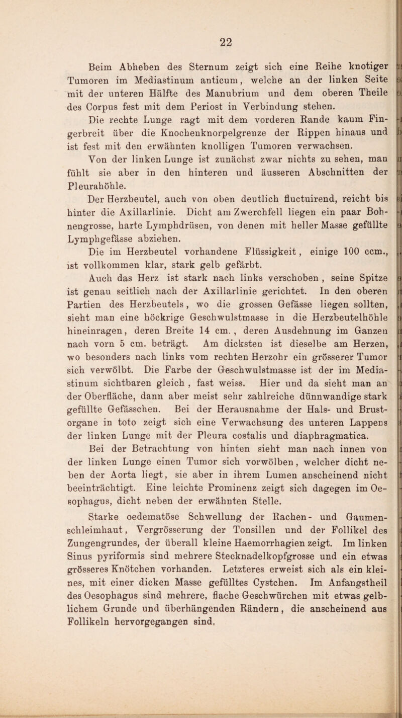 Beim Abheben des Sternum zeigt sich eine Reihe knotiger Tumoren im Mediastinum anticum, welche an der linken Seite o; mit der unteren Hälfte des Manubrium und dem oberen Theile oj des Corpus fest mit dem Periost in Verbindung stehen. Die rechte Lunge ragt mit dem vorderen Rande kaum Fin- *1 gerbreit über die Knochenknorpelgrenze der Rippen hinaus und J) ist fest mit den erwähnten knolligen Tumoren verwachsen. Von der linken Lunge ist zunächst zwar nichts zusehen, man ij fühlt sie aber in den hinteren und äusseren Abschnitten der Pleurahöhle. Der Herzbeutel, auch von oben deutlich fluctuirend, reicht bis ui hinter die Axillarlinie. Dicht am Zwerchfell liegen ein paar Boh- M nengrosse, harte Lymphdrüsen, von denen mit heller Masse gefüllte n Lymphgefässe abziehen. Die im Herzbeutel vorhandene Flüssigkeit, einige 100 ccm., t. ist vollkommen klar, stark gelb gefärbt. Auch das Herz ist stark nach links verschoben , seine Spitze o ist genau seitlich nach der Axillarlinie gerichtet. In den oberen n Partien des Herzbeutels, wo die grossen Gefässe liegen sollten, sieht man eine höckrige Geschwulstmasse in die Herzbeutelhöhle o hineinragen, deren Breite 14 cm., deren Ausdehnung im Ganzen jj nach vorn 5 cm. beträgt. Am dicksten ist dieselbe am Herzen, ,1 wo besonders nach links vom rechten Herzohr ein grösserer Tumor *| sich verwölbt. Die Farbe der Geschwulstmasse ist der im Media- stinum sichtbaren gleich , fast weiss. Hier und da sieht man an i der Oberfläche, dann aber meist sehr zahlreiche dünnwandige stark :i! gefüllte Gefässchen. Bei der Herausnahme der Hals- und Brust- rj Organe in toto zeigt sich eine Verwachsung des unteren Lappens i| der linken Lunge mit der Pleura costalis und diaphragmatica. Bei der Betrachtung von hinten sieht man nach innen von c der linken Lunge einen Tumor sich vorwölben, welcher dicht ne- •; ben der Aorta liegt, sie aber in ihrem Lumen anscheinend nicht 1 beeinträchtigt. Eine leichte Prominenz zeigt sich dagegen im Oe¬ sophagus, dicht neben der erwähnten Stelle. Starke oedematöse Schwellung der Rachen- und Gaumen- j Schleimhaut, Vergrösserung der Tonsillen und der Follikel des j Zungengrundes, der überall kleine Haemorrhagien zeigt. Im linken t Sinus pyriformis sind mehrere Stecknadelkopfgrosse und ein etwas grösseres Knötchen vorhanden. Letzteres erweist sich als ein klei¬ nes, mit einer dicken Masse gefülltes Cystchen. Im Anfangstheil des Oesophagus sind mehrere, flache Geschwürchen mit etwas gelb¬ lichem Grunde und überhängenden Rändern, die anscheinend aus Follikeln hervorgegangen sind.