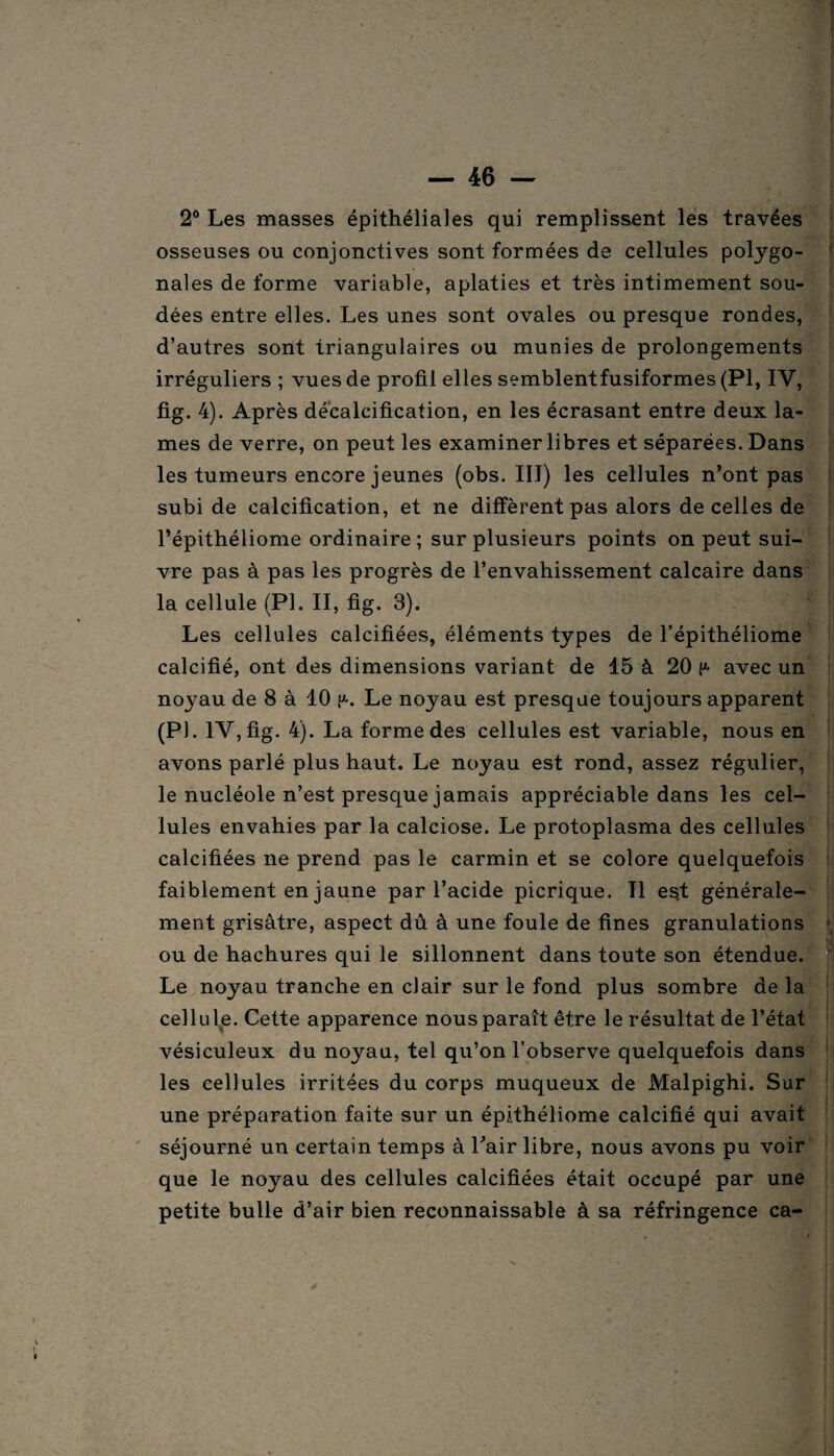 2° Les masses épithéliales qui remplissent les travées osseuses ou conjonctives sont formées de cellules polygo¬ nales de forme variable, aplaties et très intimement sou¬ dées entre elles. Les unes sont ovales ou presque rondes, d’autres sont triangulaires ou munies de prolongements irréguliers ; vues de profil elles semblentfusiformes (PI, IV, fig. 4). Après décalcification, en les écrasant entre deux la¬ mes de verre, on peut les examiner libres et séparées. Dans les tumeurs encore jeunes (obs. III) les cellules n’ont pas subi de calcification, et ne diffèrent pas alors de celles de l’épithéliome ordinaire ; sur plusieurs points on peut sui¬ vre pas à pas les progrès de l’envahissement calcaire dans la cellule (PL II, fig. 3). Les cellules calcifiées, éléments types de l’épithéliome calcifié, ont des dimensions variant de 15 à 20 p* avec un noyau de 8 à 10 Le noyau est presque toujours apparent (PJ. IV, fig. 4). La forme des cellules est variable, nous en avons parlé plus haut. Le noyau est rond, assez régulier, le nucléole n’est presque jamais appréciable dans les cel¬ lules envahies par la calciose. Le protoplasma des cellules calcifiées ne prend pas le carmin et se colore quelquefois faiblement en jaune par l’acide picrique. Il est générale¬ ment grisâtre, aspect dû à une foule de fines granulations ou de hachures qui le sillonnent dans toute son étendue. Le noyau tranche en clair sur le fond plus sombre de la cellule. Cette apparence nous paraît être le résultat de l’état vésiculeux du noyau, tel qu’on l’observe quelquefois dans les cellules irritées du corps muqueux de Malpighi. Sur une préparation faite sur un épithéliome calcifié qui avait séjourné un certain temps à l'air libre, nous avons pu voir que le noyau des cellules calcifiées était occupé par une petite bulle d’air bien reconnaissable à sa réfringence ca-