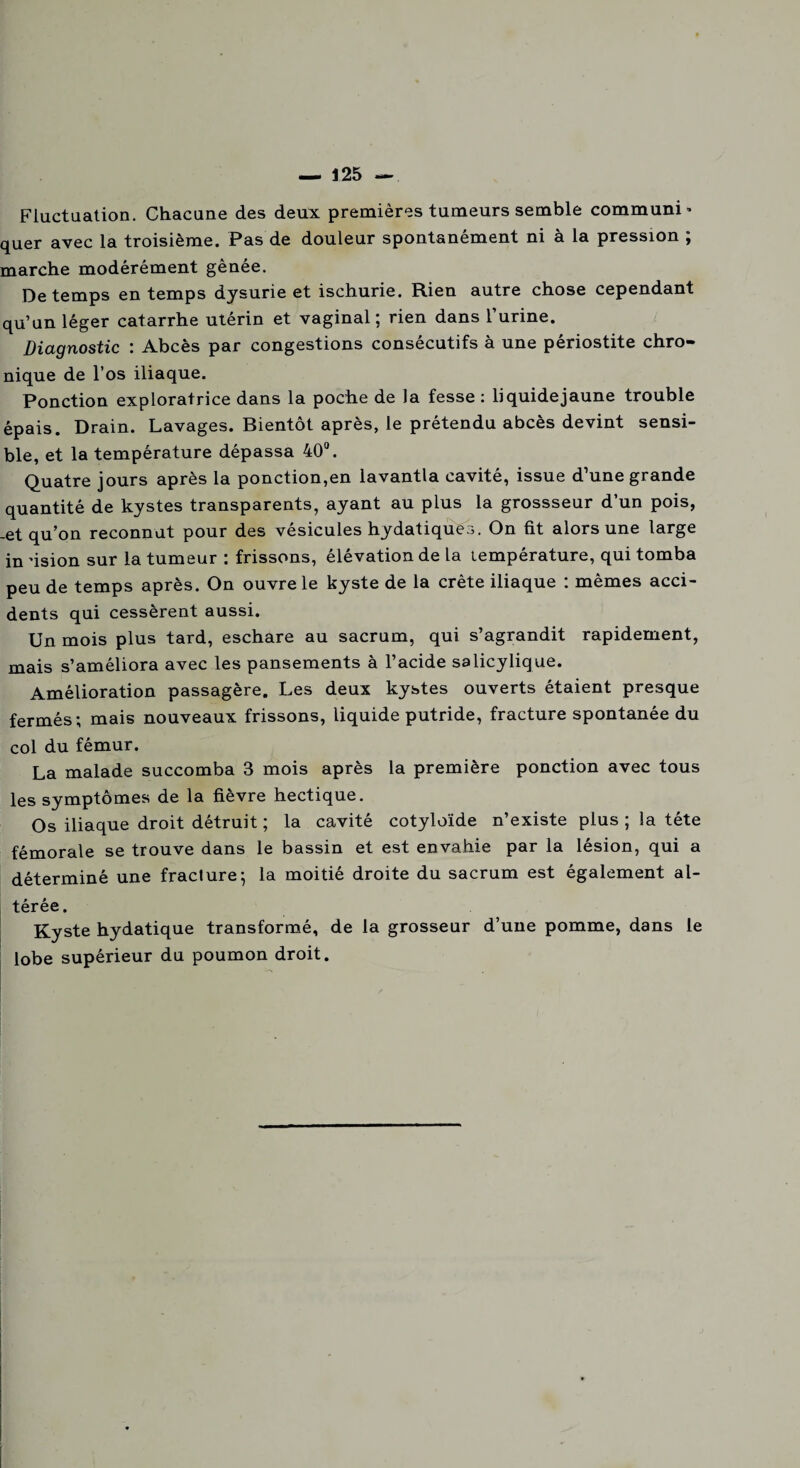 Fluctuation. Chacune des deux premières tumeurs semble communia quer avec la troisième. Pas de douleur spontanément ni à la pression ; marche modérément gênée. De temps en temps dysurie et ischurie. Rien autre chose cependant qu’un léger catarrhe utérin et vaginal; rien dans l’urine. Diagnostic : Abcès par congestions consécutifs à une périostite chro¬ nique de l’os iliaque. Ponction exploratrice dans la poche de la fesse : liquide jaune trouble épais. Drain. Lavages. Bientôt après, le prétendu abcès devint sensi¬ ble, et la température dépassa 40°. Quatre jours après la ponction,en lavantla cavité, issue d’une grande quantité de kystes transparents, ayant au plus la grossseur d’un pois, -et qu’on reconnut pour des vésicules hydatiqüês. On fit alors une large in ûsion sur la tumeur : frissons, élévation de la température, qui tomba peu de temps après. On ouvre le kyste de la crête iliaque : mêmes acci¬ dents qui cessèrent aussi. Un mois plus tard, eschare au sacrum, qui s’agrandit rapidement, mais s’améliora avec les pansements à l’acide salicylique. Amélioration passagère. Les deux kystes ouverts étaient presque fermés; mais nouveaux frissons, liquide putride, fracture spontanée du col du fémur. La malade succomba 3 mois après la première ponction avec tous les symptômes de la fièvre hectique. Os iliaque droit détruit ; la cavité cotyloïde n’existe plus ; la tête fémorale se trouve dans le bassin et est envahie par la lésion, qui a déterminé une fracture; la moitié droite du sacrum est également al¬ térée. Kyste hydatique transformé, de la grosseur d’une pomme, dans le lobe supérieur du poumon droit.