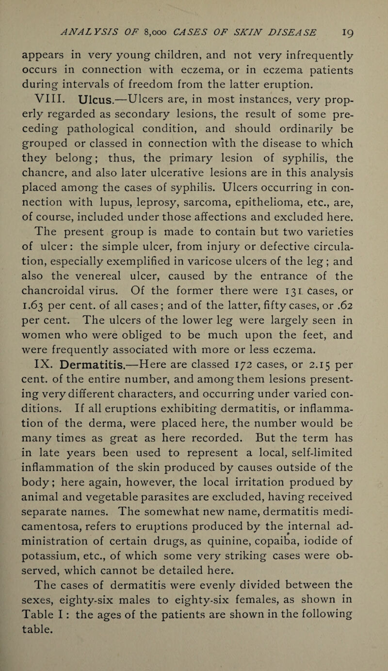 appears in very young children, and not very infrequently occurs in connection with eczema, or in eczema patients during intervals of freedom from the latter eruption. VIII. Ulcus .—Ulcers are, in most instances, very prop¬ erly regarded as secondary lesions, the result of some pre¬ ceding pathological condition, and should ordinarily be grouped or classed in connection with the disease to which they belong; thus, the primary lesion of syphilis, the chancre, and also later ulcerative lesions are in this analysis placed among the cases of syphilis. Ulcers occurring in con¬ nection with lupus, leprosy, sarcoma, epithelioma, etc., are, of course, included under those affections and excluded here. The present group is made to contain but two varieties of ulcer: the simple ulcer, from injury or defective circula¬ tion, especially exemplified in varicose ulcers of the leg ; and also the venereal ulcer, caused by the entrance of the chancroidal virus. Of the former there were 131 cases, or 1.63 per cent, of all cases; and of the latter, fifty cases, or .62 per cent. The ulcers of the lower leg were largely seen in women who were obliged to be much upon the feet, and were frequently associated with more or less eczema. IX. Dermatitis.—Here are classed 172 cases, or 2.15 per cent, of the entire number, and among them lesions present¬ ing very different characters, and occurring under varied con¬ ditions. If all eruptions exhibiting dermatitis, or inflamma¬ tion of the derma, were placed here, the number would be many times as great as here recorded. But the term has in late years been used to represent a local, self-limited inflammation of the skin produced by causes outside of the body; here again, however, the local irritation produed by animal and vegetable parasites are excluded, having received separate names. The somewhat new name, dermatitis medi¬ camentosa, refers to eruptions produced by the internal ad¬ ministration of certain drugs, as quinine, copaiba, iodide of potassium, etc., of which some very striking cases were ob¬ served, which cannot be detailed here. The cases of dermatitis were evenly divided between the sexes, eighty-six males to eighty-six females, as shown in Table I: the ages of the patients are shown in the following table.