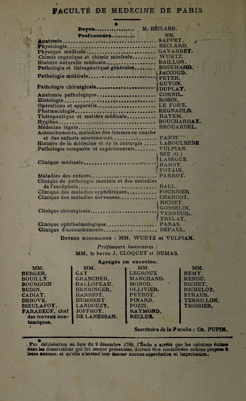 ? , *M > / ^ é ‘ .* • o ; $ • » ' * Doyen... M. BECLARD. Professeurs.......... MM. Anatdmie... SAPPEY. Physiologie.....BÉCLARD. Physique médicale. GAVARRET. Chimie organique et chimie minérale.. WURTZ. Histoire naturelle médicale. BAILLON. Pathologie et thérapeutique générales. BOUCHARD. Pathologie médicale........ j peter^* Pathologie chirurgicale.••••••••••»••••••••*.1 rupeaY Anatomie pathologique........ CORNIL. Histologie.... ROBIN. Opérations et appareils.. LE FORT. Pharmacologie... REGNAULD. Thérapeutique et matière médicale. HAYEM. Hygiène. BOUCHARDAT. Médecine légale. BROUARDEL. Accouchements, maladies des femmes en couche et des enfants nouveau-nés.PAJOT. * Histoire de la médecine et de la chirurgie.LABOULBÈNE Pathologie comparée et expérimentale. VULPIAN. i SEE (G.) . ... . \ LASÈGUE. Clinique medicale......i HARDY [POT AIN. Maladies des enfants...PARROT. Clinique de pathologie mentale et des maladies de l’encéphale. BALL. Clinique des maladies syphilitiques. FOURNIER, Clinique des maladies nerveuses. CHARCOT. Î RICHET. GOSSELIN. VERNEUIL. TRELAT. Clinique ophthalmologique.PANAS. Clinique d’accouchements.. ..DEPAUL. Doyens honoraires : MM. WURTZ et VULPIAN. Professeurs humraires : MM. le baron J. CLOQUET et DUMAS. Agrégés en exercice. MM. MM. MM. MM. BERGER. GAY LEGROUX REMY. BOUILLY. GRANCHER. MARCHAND. RENDU, BOURGOIN HALLOPEAU. MONOD. RICHET. BUDIN. HENNINGER. OLLIVIER. RICHELOT. CADIAT. Kanriot. PEYROT. STRAUS. DEBOVE. HUMBERT PINARD. TERRI LLON. DIEULAFOY. LANDOUZY. POZZI. TROISIER. FARABEUF, chef JOFFROY. RAYMOND. des travaux ana- DE LANESSAN. RECLUS. i • tomiques. ■ Secrétoire de la Faculté : Ce. PUPIN. / • I w MM..... II i<—MWBtIWW———I—■—I—wuwwu 6 . Par délibération en date du 9 décembre 1789, l’École a arrêté que les opinions émises dans 1m dissertations qui lui seront présentées, doivent être considérées comme proptas Jl Iisurs auteurs, et qu’elle n’entend leur donner aucune approbation ni improbation.