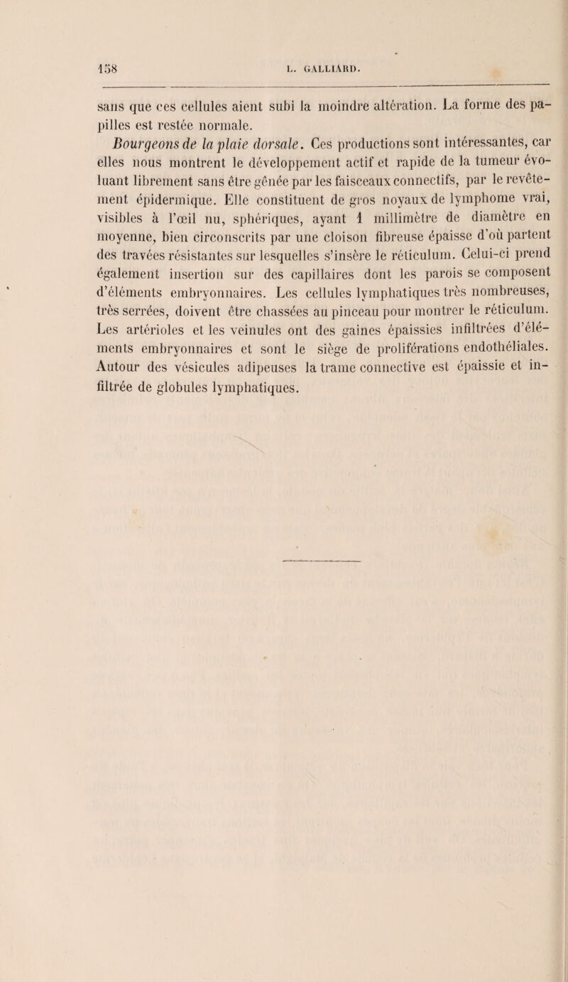 sans que ees cellules aient subi la moindre altération. La forme des pa¬ pilles est restée normale. Bourgeons de la plaie dorsale. Ces productions sont intéressantes, car elles nous montrent le développement actif et rapide de la tumeur évo¬ luant librement sans être gênée par les faisceaux connectifs, par le revête¬ ment épidermique. Elle constituent de gros noyaux de lymphome vrai, visibles à l’œil nu, sphériques, ayant 1 millimètre de diamètre en moyenne, bien circonscrits par une cloison fibreuse épaisse d’où partent des travées résistantes sur lesquelles s’insère le réticulum. Celui-ci prend également insertion sur des capillaires dont les parois se composent d’éléments embryonnaires. Les cellules lymphatiques très nombreuses, très serrées, doivent être chassées au pinceau pour montrer le réticulum. Les artérioles et les veinules ont des gaines épaissies infiltrées d’élé¬ ments embryonnaires et sont le siège de proliférations endothéliales. Autour des vésicules adipeuses la trame connective est épaissie et in¬ filtrée de globules lymphatiques.