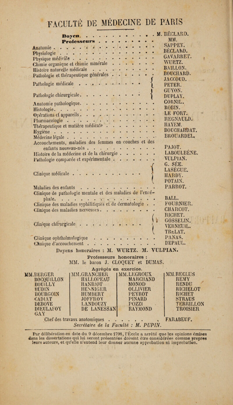 FACULTÉ DE MÉDECINE DE PARIS Iloyen. Professeurs . • Anatomie.. Physiologie. Physique médicale ...... Chimie organique et chimie minérale Histoire naturelle médicale . . . Pathologie et thérapeutique générales Pathologie médicale. Pathologie chirurgicale. { i Anatomie pathologique. . .. Histologie.. Opérations et' appareils. . ,. Pharmacologie. Thérapeutique et matière médicale. Hygiène. Médecine légale... Accouchements, maladies des femmes en couches et des enfants nouveau-nés. Histoire de la médecine et de la chirurgie ...... Pathologie comparée et expérimentale ,. Clinique médicale “Maladies des enfants M.BÉCLARD. MM. SAPPEY. BÉCLARD. GAVARRET. WURTZ. BAILLON. BOUCHARD. JACCOUD. PETER. GUYON. DUPLAY. CORN1L. ROBIN. LE FORT. REGNAULD. HAYEM. BOUCHARD AT. BROUARDEL. PAJOT. LABOULBÈNE. YULP1AN. G. SÉE. LASÈGUE. HARDY. POTAIN. PARROT. Clinique de pathologie mentale et des maladies de l’encé¬ phale. BALL. Clinique des maladies syphilitiques et de dermatologie . . FOURNIER. Clinique des maladies nerveuses. CHARCOT. / RICHET. ...... U GOSSELIN. Clinique chirurgicale.. < YERNEU1L. V TRitLAT. Clinique ophtalmologique. PANAS. Clinique d’accouchement. DEPAUL. Doyens honoraires : M. WURTZ. 31. VULPIAN. Professeurs honoraires : MM. le baron J. CLOQUET et DUMAS. Agrégés en exercice. MM.BERGER 3IM.GRANCHER MM.LEGROUX MM. RECLUS B0CQU1LL0N HALLOPEAU MARCHAND REMY BOU1LLY HANRIOT MONOD RENDU BUDIN 11 EN NIGER OLLIV1ER RICHELOT BOURG OIN HUMBERT PEYROT RICHET CAD IAT JOFFROY PINARD STRAUS DEBOVE LANDOUZY POZZl TERRILLON DIEULAFOY GAY DE LANESSAN RAYMOND TROIS1ER Chef des travaux anatomiques. , FARABEUF. Secrétaire de la Faculté : M. PUPIN. Par délibération en date du 9 décembre 1798, l’École a arrêté que les opinions émises dans les dissertations qui lui seront présentées doivent être considérées comme propres leurs auteurs, et qu'elle n’entend leur donner aucune approbation ni improbation.