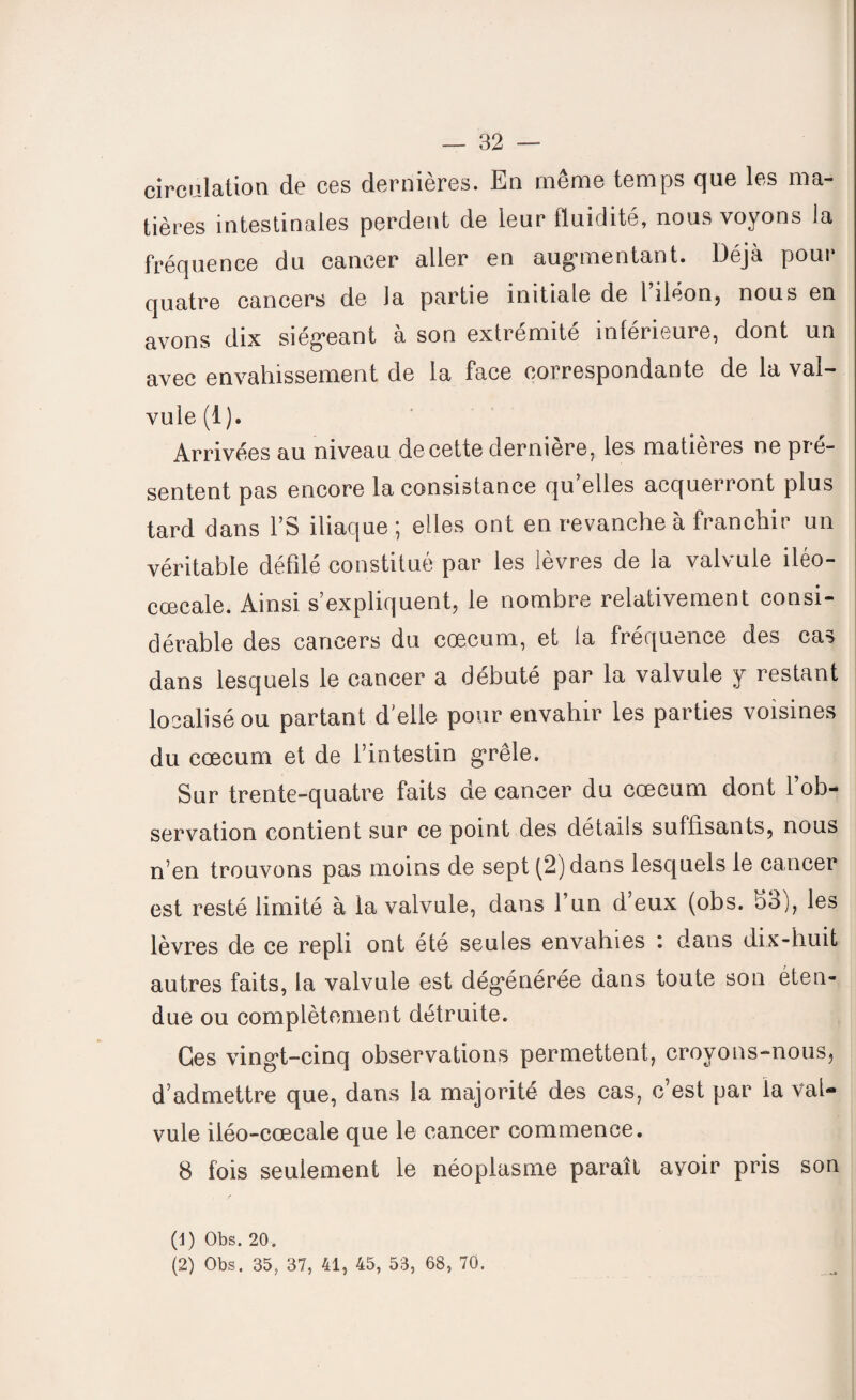 circulation de ces dernières. En même temps que les ma¬ tières intestinales perdent de leur fluidité, nous voyons la fréquence du cancer aller en augmentant. Déjà pour quatre cancers de la partie initiale de l iléon, nous en avons dix siégeant à son extrémité inférieure, dont un avec envahissement de la face correspondante de la val¬ vule (1). Arrivées au niveau de cette dernière, les matières ne pré¬ sentent pas encore la consistance qu’elles acquerront plus tard dans l’S iliaque; elles ont en revanche à franchir un véritable défilé constitué par les lèvres de la valvule iléo- cœcale. Ainsi s’expliquent, le nombre relativement consi¬ dérable des cancers du cæcum, et la fréquence des cas dans lesquels le cancer a débuté par la valvule y restant localisé ou partant d’elle pour envahir les parties voisines du cæcum et de l’intestin grêle. Sur trente-quatre faits de cancer du cæcum dont l’ob¬ servation contient sur ce point des détails suffisants, nous n’en trouvons pas moins de sept (2) dans lesquels le cancer est resté limité à la valvule, dans l’un d eux (obs. oh), les lèvres de ce repli ont été seules envahies i dans dix-huit autres faits, la valvule est dégénérée dans toute son éten¬ due ou complètement détruite. Ces vingt-cinq observations permettent, croyons-nous, d’admettre que, dans la majorité des cas, c’est par la val¬ vule iléo-cœcale que le cancer commence. 8 fois seulement le néoplasme paraît avoir pris son f (1) Obs. 20. (2) Obs. 35, 37, 41, 45, 53, 68, 70.