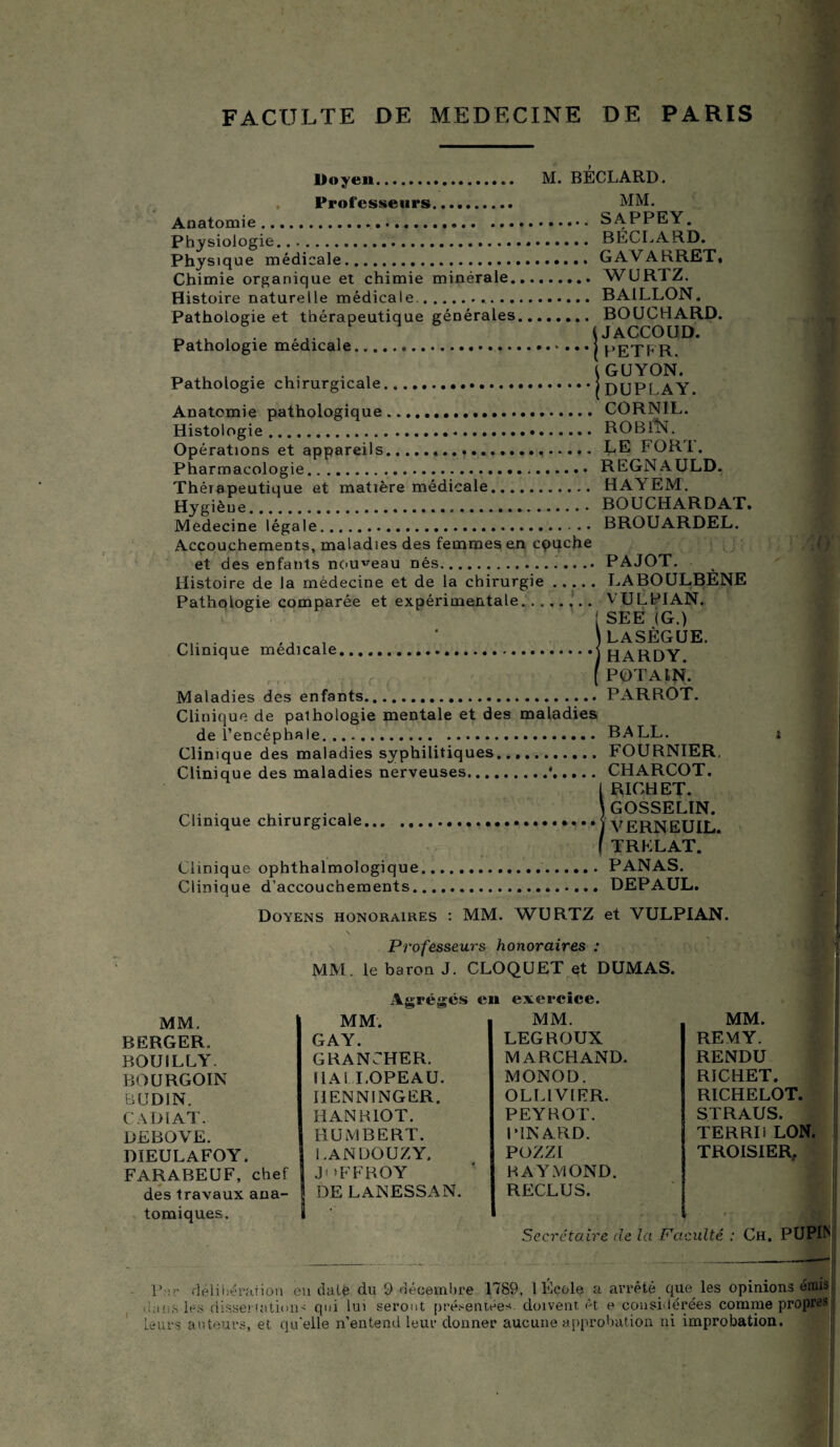 FACULTE DE MEDECINE DE PARIS Doyen M. BECLARD. Professeurs MM. Anatomie. Physiologie..... Phys ique médicale. Chimie organique et chimie minérale. Histoire naturelle médicale... Pathologie et thérapeutique générales. Pathologie médicale... Pathologie chirurgicale. Anatomie pathologique... Histologie. Opérations et appareils.«. Pharmacologie. Th érapeutique et matière médicale. Hygièue. Medecine légale. Accouchements, maladies des femmes en cpuche et des enfants nouveau nés. Histoire de la médecine et de la chirurgie. Pathologie comparée et expérimentale........ Clinique médicale... Maladies des enfants SAPPEY. BÉCLARD. GAVA PRET. WURTZ. BAILLON. BOUCHARD. I JACCOUD. (PETFR. IGUYON. (DUPLAY. CORN1L. ROBfbî. LE FORT. REGNAULD. HAYEM. BOUCHARDAT BROUARDEL. . PAJOT. . LABOULBÈNE VULPIAN. ( SEE (G.) ) LASÈGUE. ) HARDY. [ POTAIN. . PAR ROT. Clinique de pathologie mentale et des maladies de l’encéphale. BALL. t Clinique des maladies syphilitiques. FOURNIER. Clinique des maladies nerveuses.*.CHARCOT. I RICHET. , \ GOSSELIN. Clinique chirurgicale.j VERNEUIL. I TRKLAT. . I * ' . 7 Clinique ophthalmologique..PANAS. Clinique d’accouchements. DEPAUL. Doyens honoraires : MM. WURTZ et VULPIAN. Professeurs honoraires : MM. le baron J. CLOQUET et DUMAS. Agrégés en exercice. MM. MM. MM. MM. BERGER. GAY. LEGBOUX REMY. BOU1LLY. GRANCHER. MARCHAND. RENDU BOURGOIN HAÏ I.OPEAU. MONOD. RICHET. BUDI.N. I1ENNINGER. OLLIV1ER. RICHELOT. CAD IAT. HANBIOT. PEYBOT. STRAUS. DEBQVE. HUMBERT. PINARD. TER BU LON. DIEULAFOY. l.ANDOUZY. POZZI TROISIER, FARABEUF, chef J1 > F F B O Y RAYMOND. des travaux ana¬ DE LANESSAN. RECLUS. tomiques. î • . Secrétaire de la F a ■ ’ : culte : Ch. PUPtt Par délitiération eu daté du 9 décembre 1789, 1 Ecole a arrêté que les opinions enus dans les dissertation-; qui lui seront présentée*, doivent èt e considérées comme propres leurs auteurs, et qu’elle n’entend leur donner aucune approbation ni improbation.